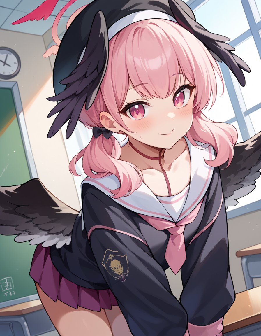 score_9, score_8_up, score_7_up, source_anime,koharushimoe, <lora:koharu-shimoe-ponyxl-lora-nochekaiser:1>,koharu shimoe, medium hair, pink hair, pink eyes, low twintails, twintails, halo, feathered wings, head wings,beret, black wings, collarbone, hat, multiple wings, school uniform, winged hat, wings,indoors, classroom, bent over, smile,looking at viewer, cowboy shot, dutch angle,