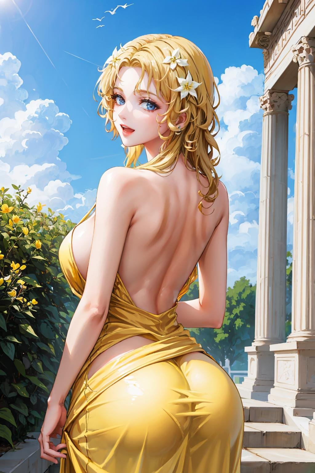 masterpiece, best quality,<lora:snvaphrodite-nvwls-v1-000009:0.9> snvAphrodite, hair flower, large breasts, wide hips, from behind, (yellow sundress:1.4), garden, greek architecture, :D