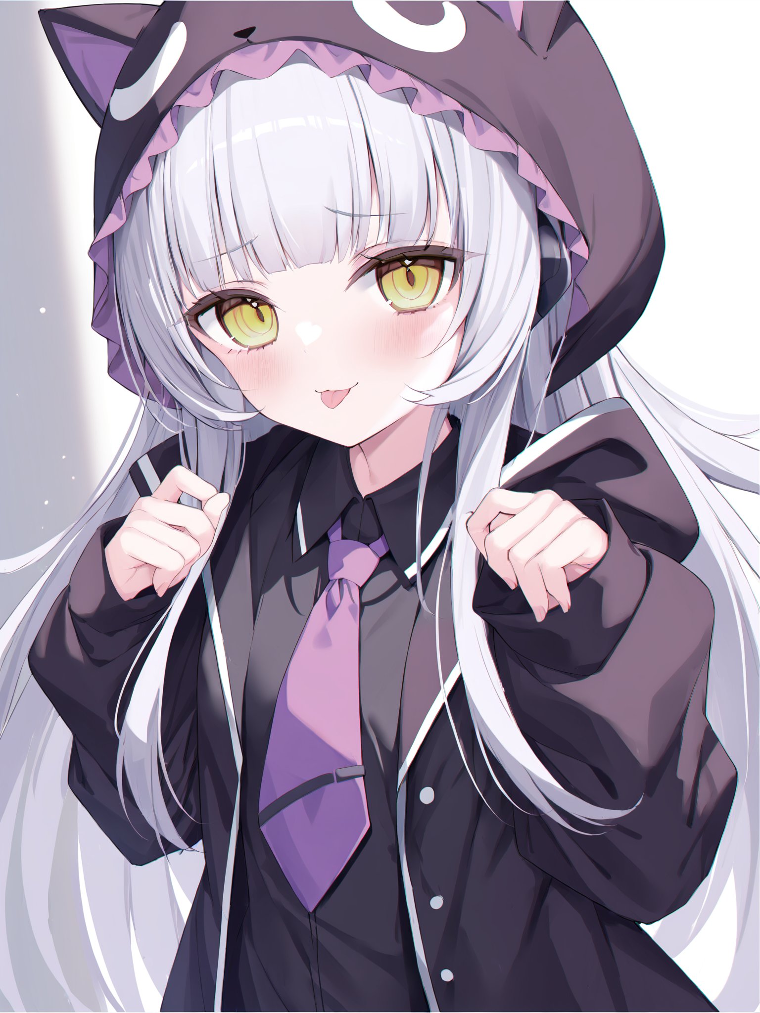 (masterpiece),(bestquality),1girl,solo,long hair,looking at viewer,blush,smile,bangs,shirt,long sleeves,jacket,yellow eyes,upper body,grey hair,open clothes,necktie,tongue,collared shirt,hood,tongue out,blunt bangs,sleeves past wrists,black shirt,headphones,:p,hood up,animal hood,purple necktie,murasaki shion,loli,tinkle,dynamic pose,dynamic angle,<lora:heyiling-v3-000010:0.8>,ringed eyes,