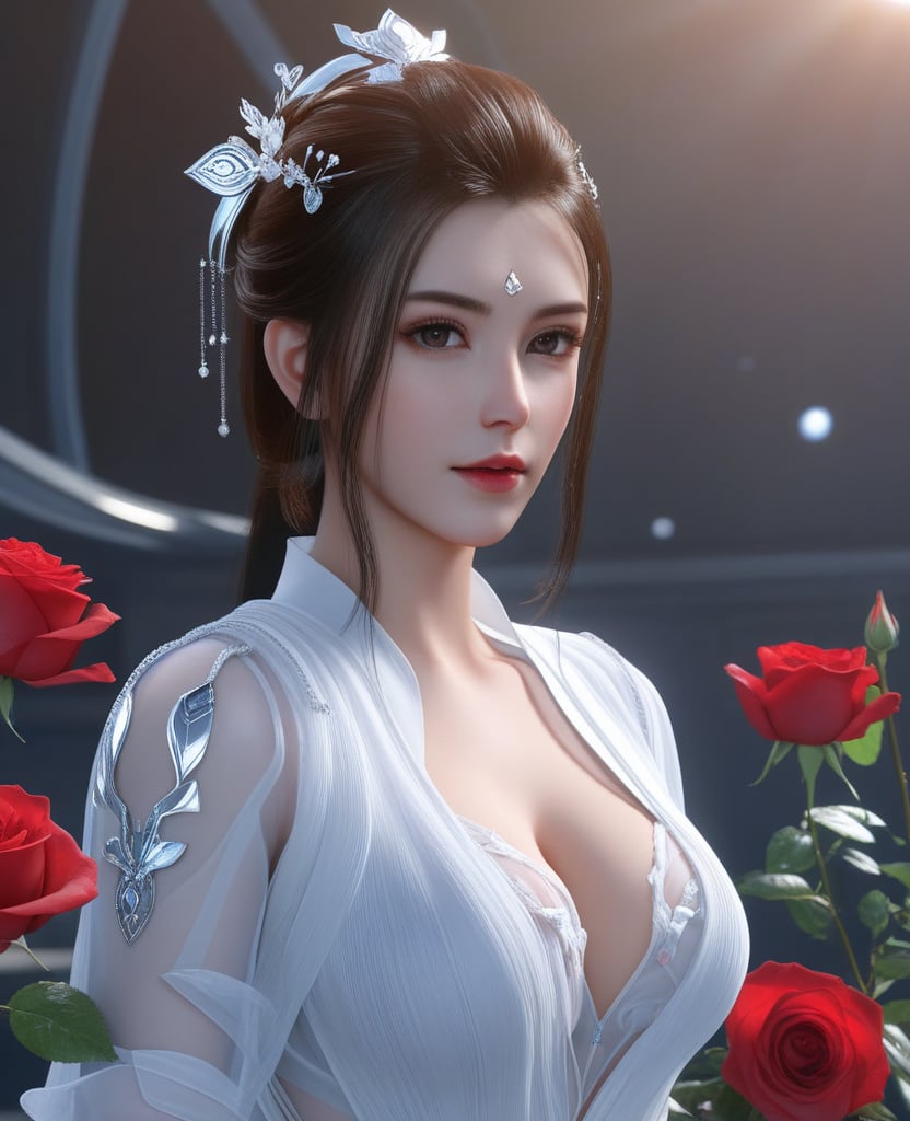 <lora:612-DA-XL-少年白马醉春风-玥瑶:0.8>(,1girl, ,best quality, ),looking at viewer,masterpiece, (( , )),, realistic,science fiction,mole, ultra realistic 8k cg, sun ,  rose,(cleavage), (),