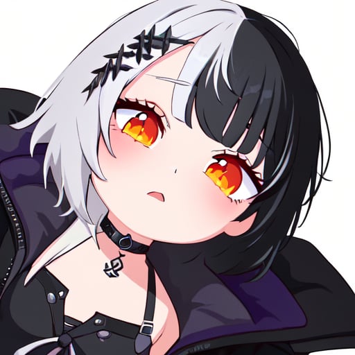 <lora:cutechibiprofile:1>  1girl, cutechibiprofile  <lora:ShioriV2:0.8> ShioriNovella, orange eyes, split-color hair, hair ornament, ShioriBase, split-color hair, hair ornament, choker, black dress with white ribbon, black jacket,