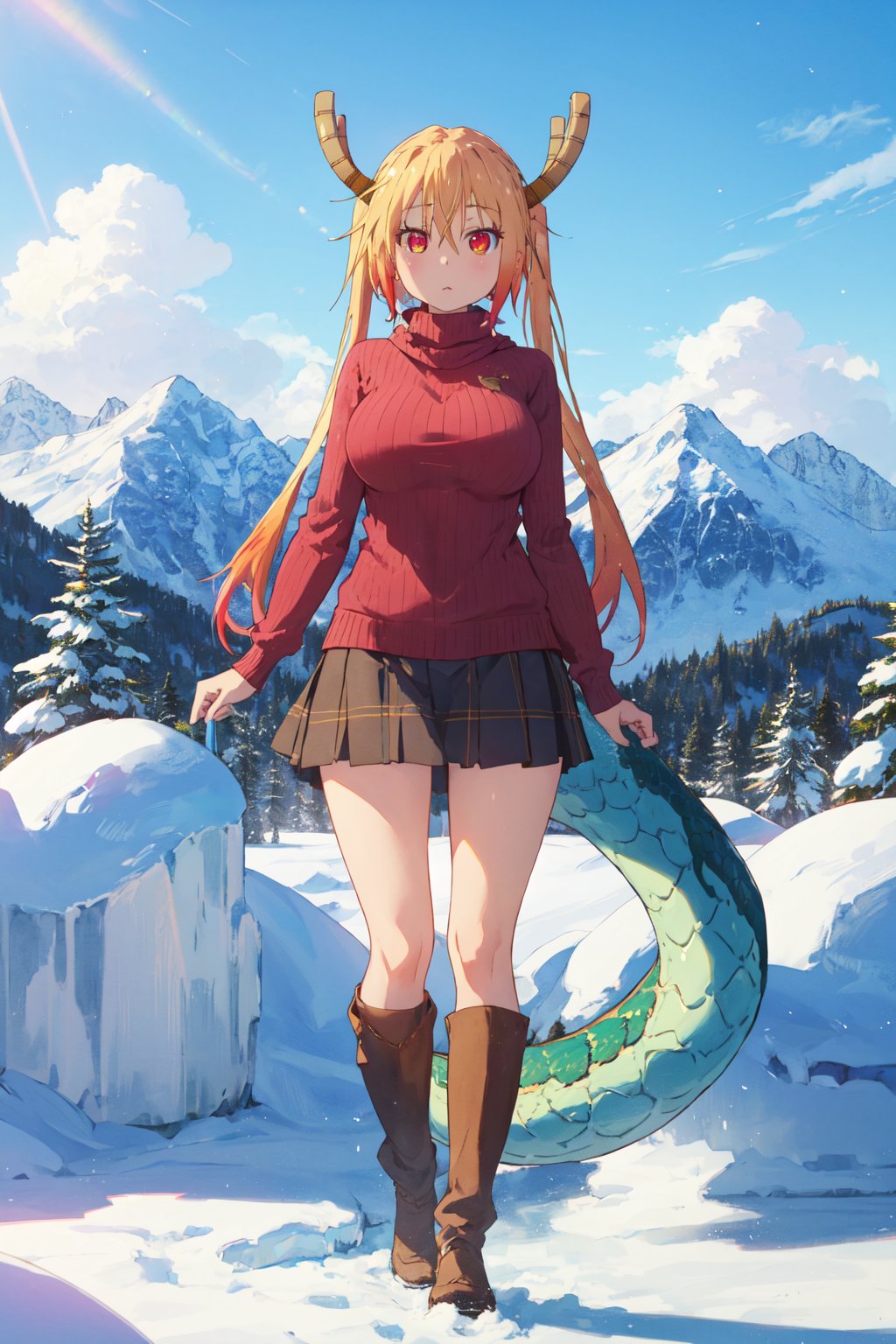 <lora:Tooru-000009:0.8>,Tooru CYQL,1girl,looking at viewer,solo,dragon girl,blonde hair,long hair,twintails,multicolored hair,gradient hair,hair between eyes,dragon horns,slit pupils,red eyes,breasts,large breasts,dragon tail,large tail,Wrap-style Aran sweater over a turtleneck and plaid skirt with knee-high boots,moaning,bust,Majestic snow-capped mountains pierce the clouds, their snow-covered peaks shimmering in the sunlight. At their base, glaciers inch forward, carving out profound valleys,beautiful detailed sky,beautiful detailed glow,posing in front of a colorful and dynamic background,masterpiece,best quality,beautiful and aesthetic,contrapposto,female focus,wallpaper,