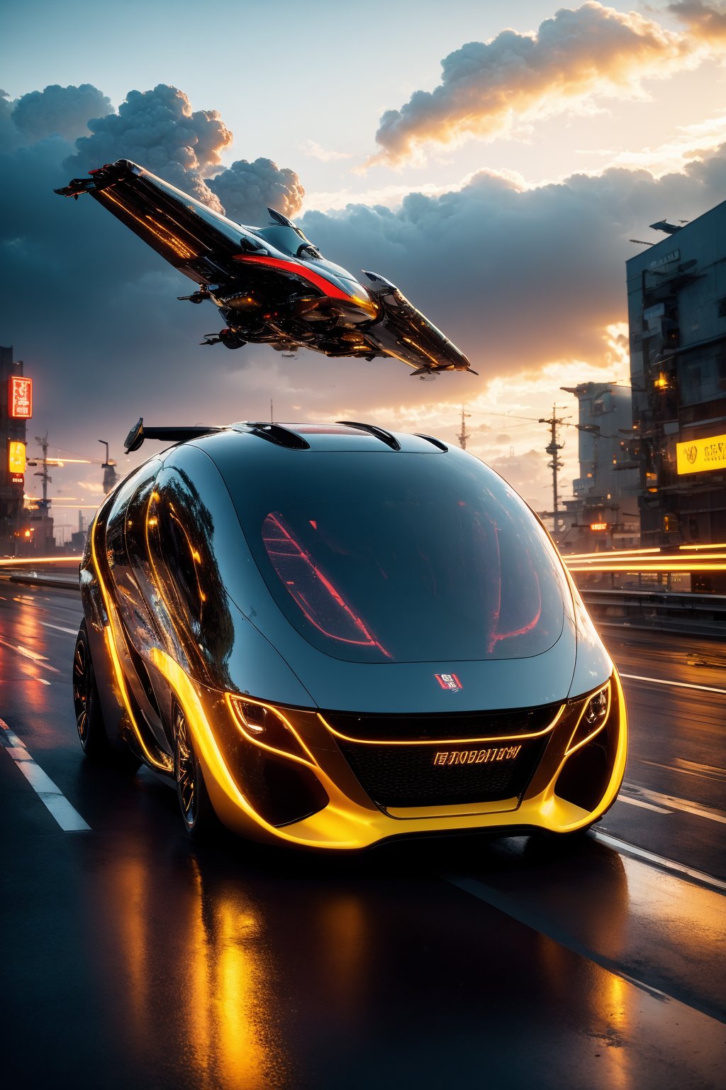(photorealistic:1.4),(Realistic:1.2), car, motor vehicle, vehicle focus, science fiction, motion blur, no humans, city, flying, scenery, aircraft, cloud, building, road, sky, helicopter, outdoors, smoke, bridge, realistic, cloudy sky, truck, glowing, cyberpunk