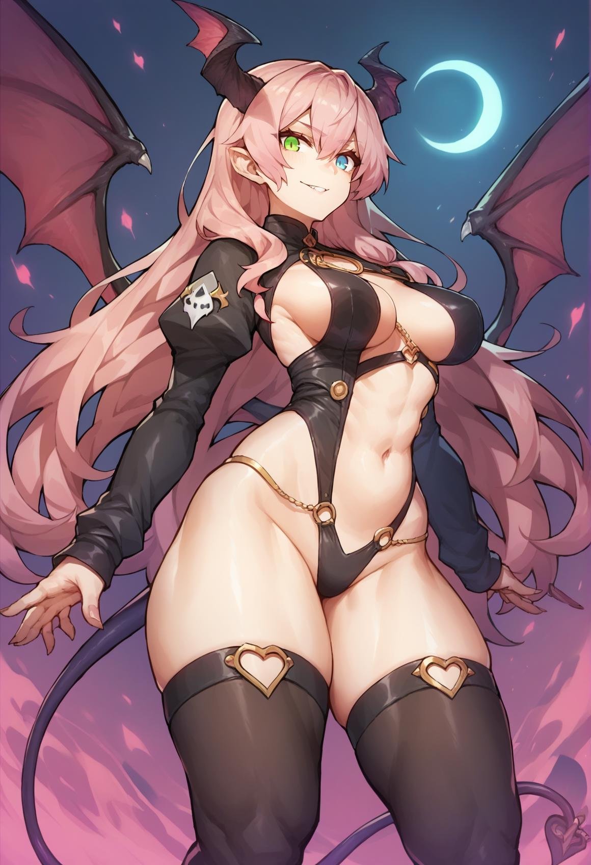 score_9, score_8_up, score_7_up, source_anime, 1girl,brown hair, green eyes, heterochromia, blue eyes, pink hair, succubus, succubus outfit, black outfit, medium breasts, thick thighs, wide hips,<lora:Melon22-Style-PonyXL-000054:1>