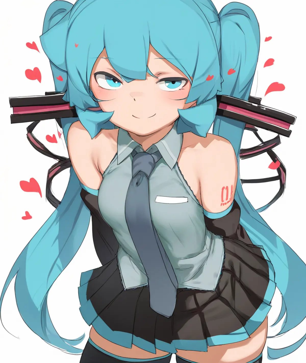 score_9,score_8_up,score_7_up, <lora:abmayo_mfp:1>, abmayo, solo, 1girl, hatsune miku, skirt, long hair, detached sleeves, twintails, heart, thighhighs, bangs, necktie, shirt, pleated skirt, black thighhighs, bare shoulders, black skirt, simple background, hair ornament, looking at viewer, cowboy shot, shiny, grey shirt, breasts, zettai ryouiki, white background