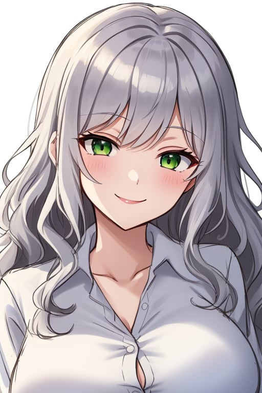 1girl, solo, long hair, wavy hair, silver hair, green eyes, large breasts, white shirt, collared shirt, seductive smile, head tilt,sketch, white background, portrait, masterpiece, best quality, very aesthetic,