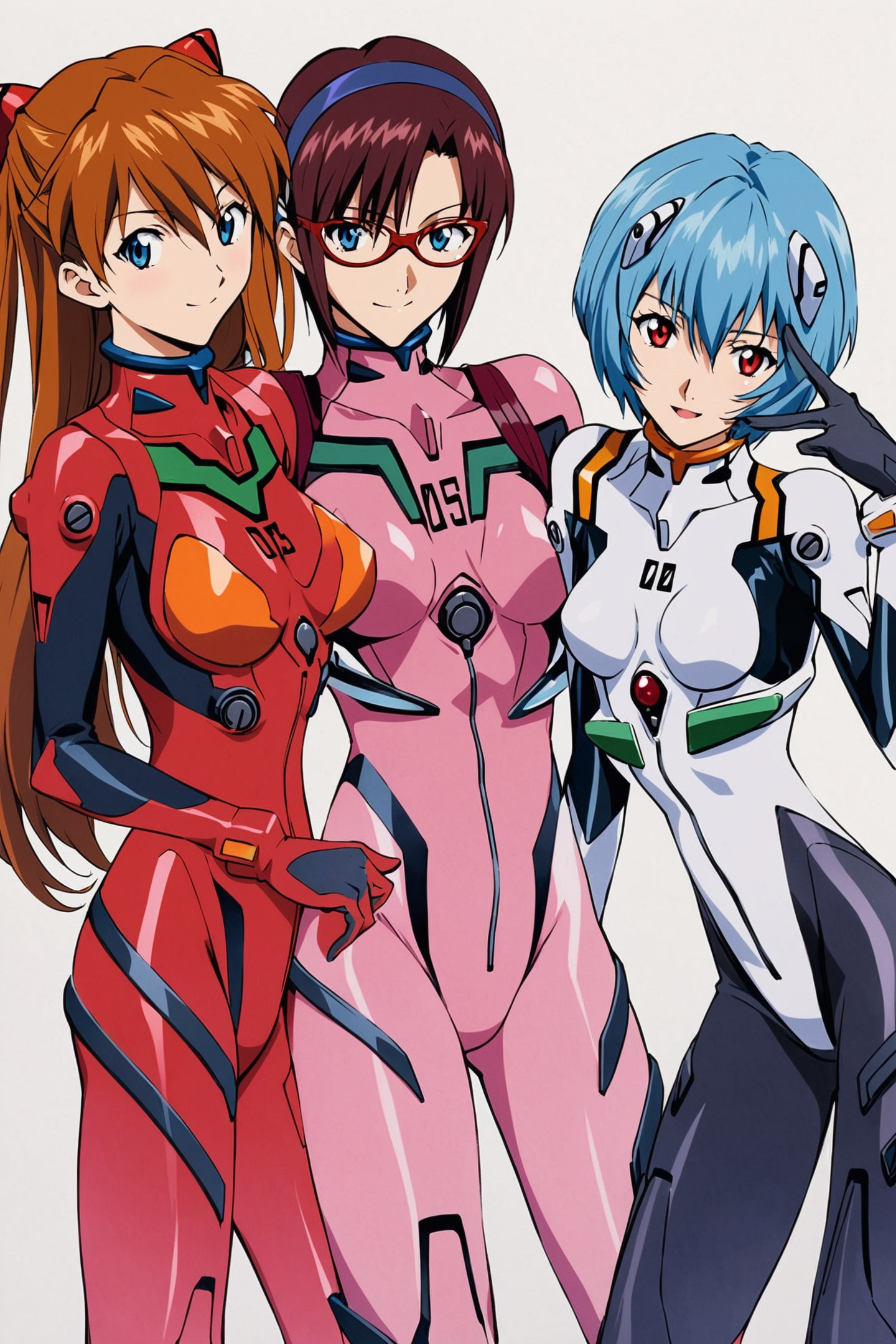 3girls,makinami mari illustrious,plugsuit,bodysuit,ayanami rei,glasses,pink bodysuit,blue hair,blue eyes,white bodysuit,brown hair,souryuu asuka langley,long hair,short hair,adjusting eyewear,red eyes,smile,white background,simple background,looking at viewer,hairband,breasts,open mouth,interface headset,red bodysuit,twintails,v,medium breasts,red-framed eyewear,traditional media,<lora:Sadamoto Yoshiyuki_XL_V3:0.8>,