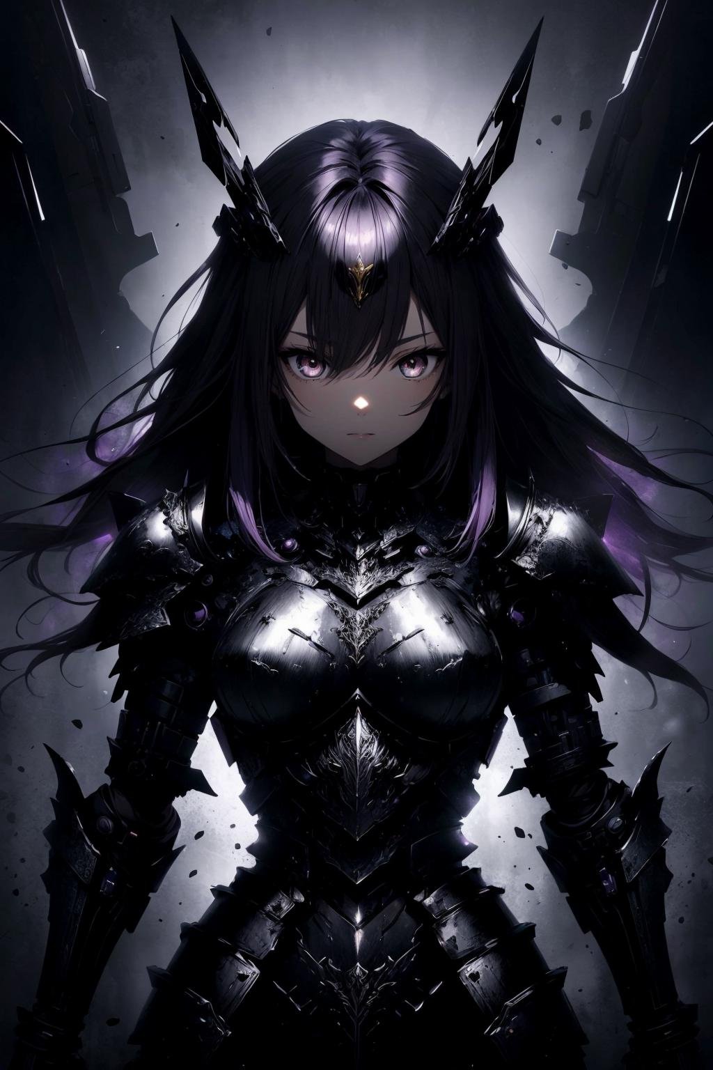 (masterpiece:1.1), (highest quality:1.1), (HDR:1.0), (1girl), purple hair, (armor, metal, powerful, abstract:1.2), (black theme:1.5), detailed eyes, ready eyes, looking at viewer, electric eyes