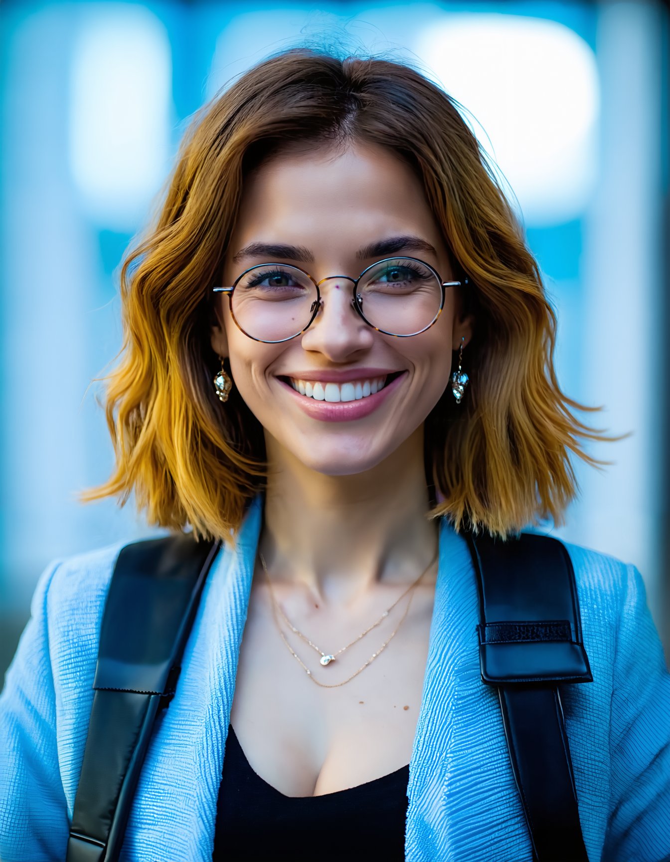 best quality,4k,8k,highres,masterpiece,ultra-detailed, woman, looking at viewer, smile, shirt, jewelry, jacket, upper body, multicolored hair, earrings, glasses, necklace, mole, bag, black shirt, lips, backpack, mole under mouth, forehead, round eyewear, realistic, grey-framed eyewear, modern_style_boost_v1_slider_sd3m.safetensors