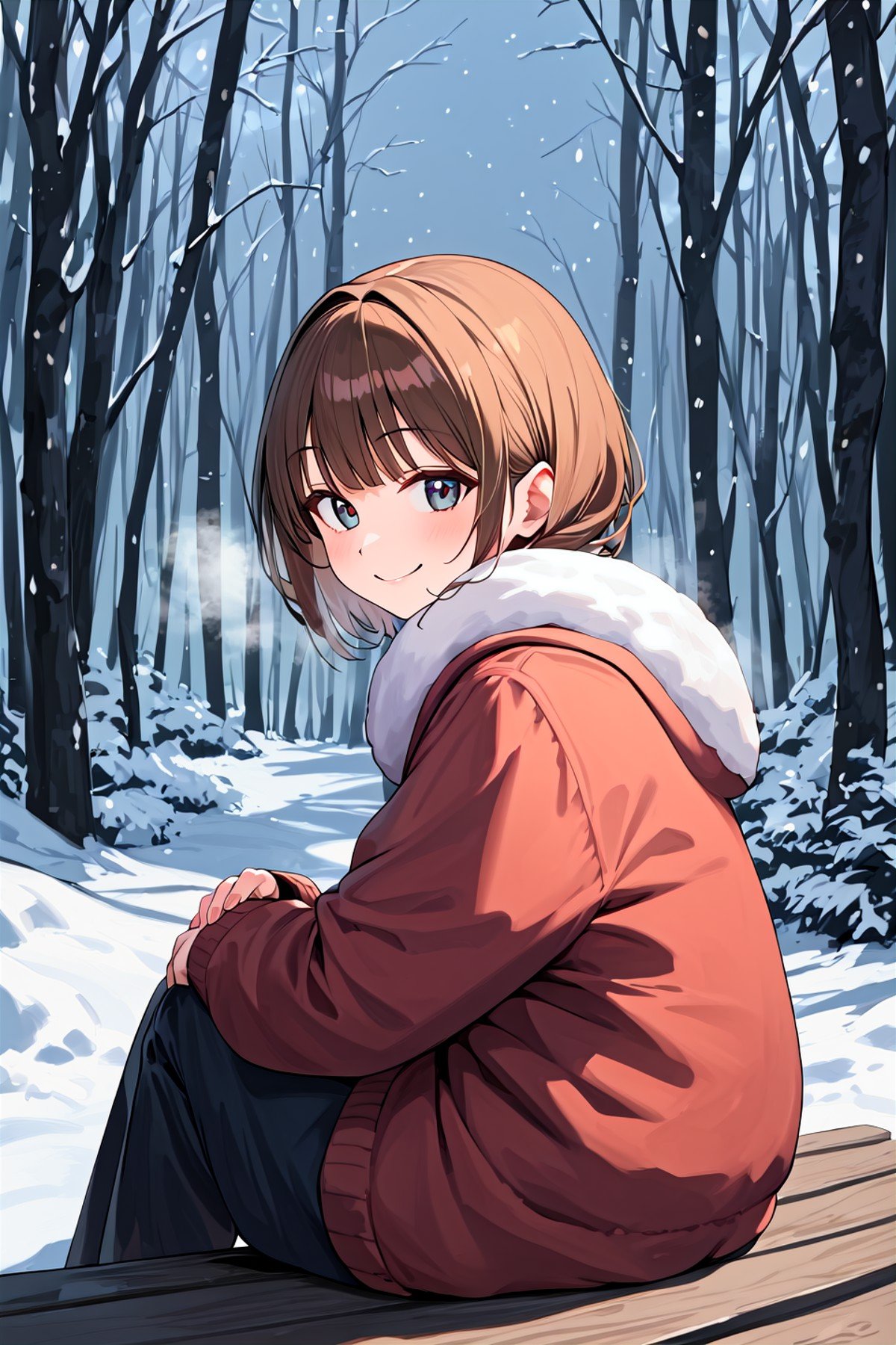 score_9,best quality,1girl,sitting,from side,winter,nature,steam,looking at viewer,smile