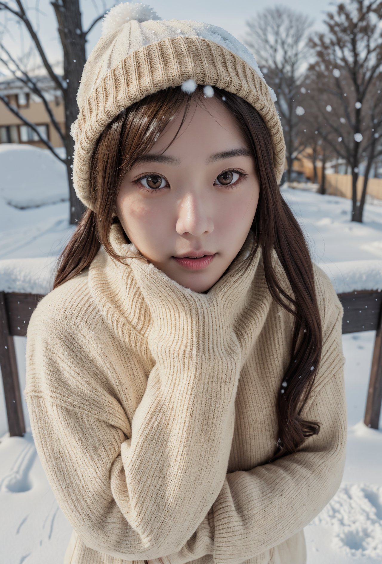 masterpiece, best quality, raw photo, realistic, adult girl, looking at viewer, supporting head on two hands, long hair, sweater, sweater hat,extremely beautiful detailed face, best shadow, medium breasts, (cute face, temptations look), snowing, snowing background, (sepia photography),(professional photo, balanced photo, high contract exposure)