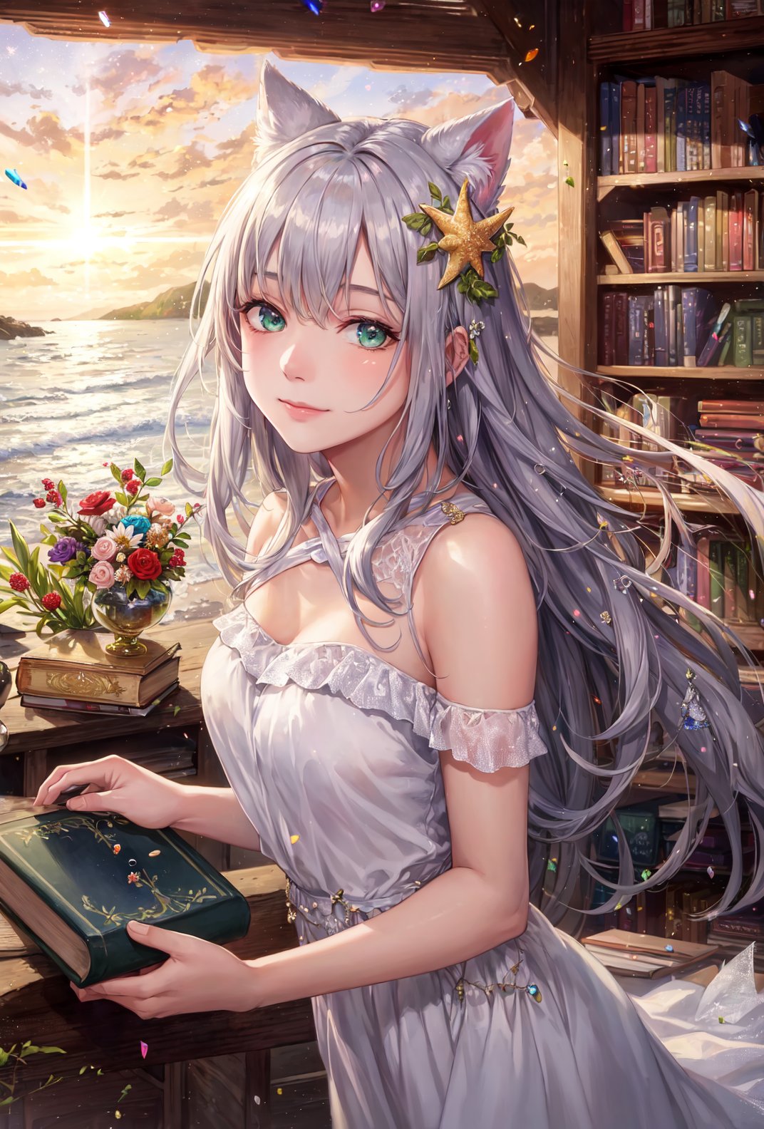 (bloom, best quality, masterpiece:1.4), ultra high res, amazing, (realistic:1.48), 1girl, solo, shoot sky view, swept back hair, detailed pupils, blue sky, books, many crystals in wooden chest, ultra detailed moss green eyes, (scenery), (lens flare:1), realistic shadows, meteor shower, very detailed background, bookshelf, book stack, 1 girl cat ears silver long hair, (bottles sphere:0.5), golden light, mana light, star trail, outdoors library, light from above, photorealism lighting ,(detailed lighting), (bioluminescence:1.2), soft lighting colorful, beach scenery, ray light, white gown, golden light, (crystal daylight:0. 6), botanical ornaments, botanical books, potion in glass bottle, light smile