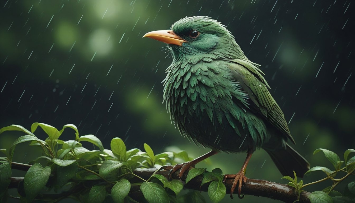 stylized by Daria Petrilli, Raw digital photo, 3D Rendering, Bird, it is Verdant, concept art, Stormy weather, Dark Academia, Light and shadow plays, film grain, Nikon d3300, 80mm, glitter texture, most beautiful artwork in the world, highly detailed, extremely content happy smile 