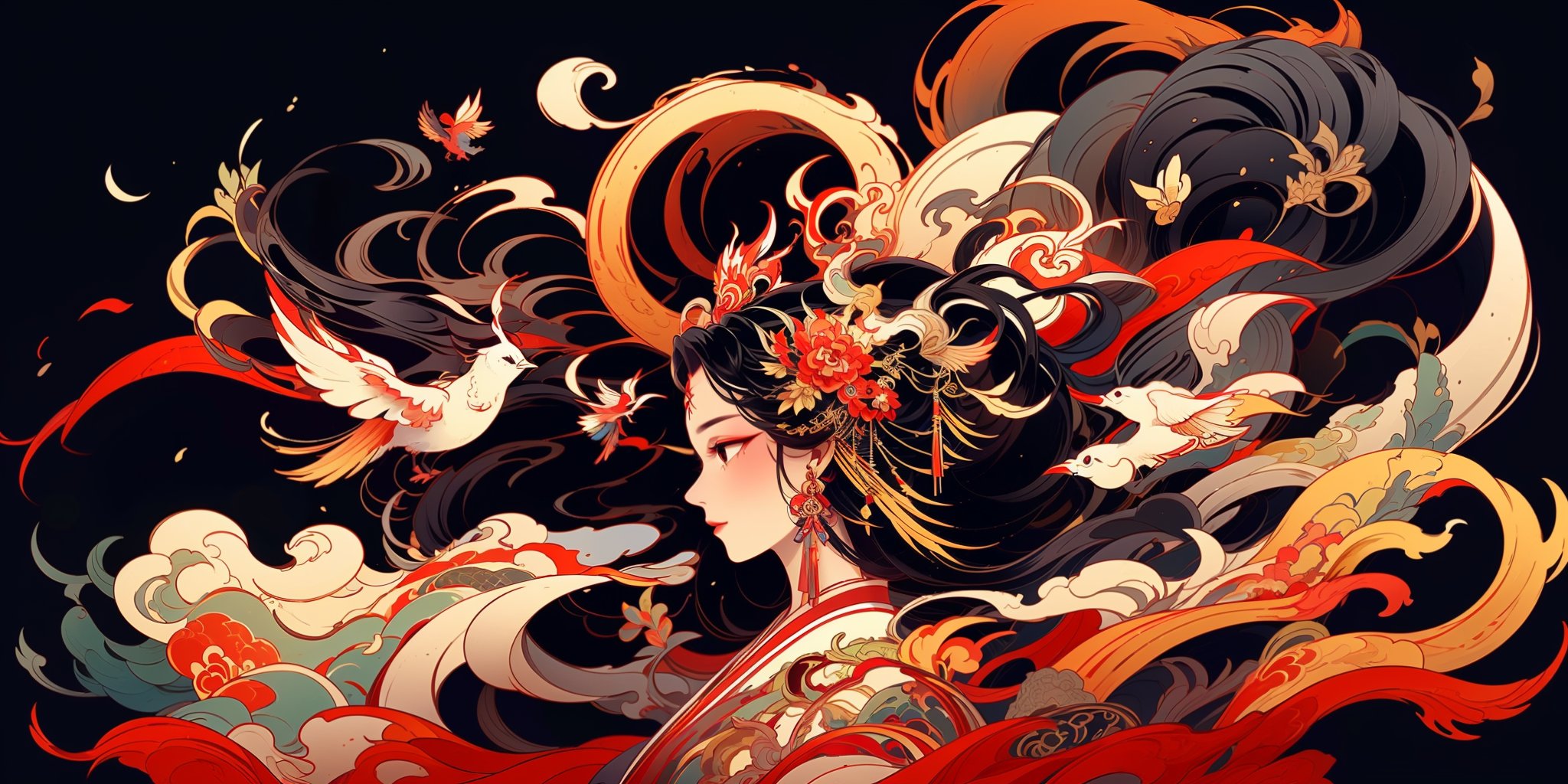 HTTP2, 1girl, long hair, black hair, jewelry, earrings, profile, solo, dragon, upper body, hair ornament, red eyes, horns, from side, eastern dragon, bird, floating hair, nail polish <lora:HTTP_20231214132158:1>