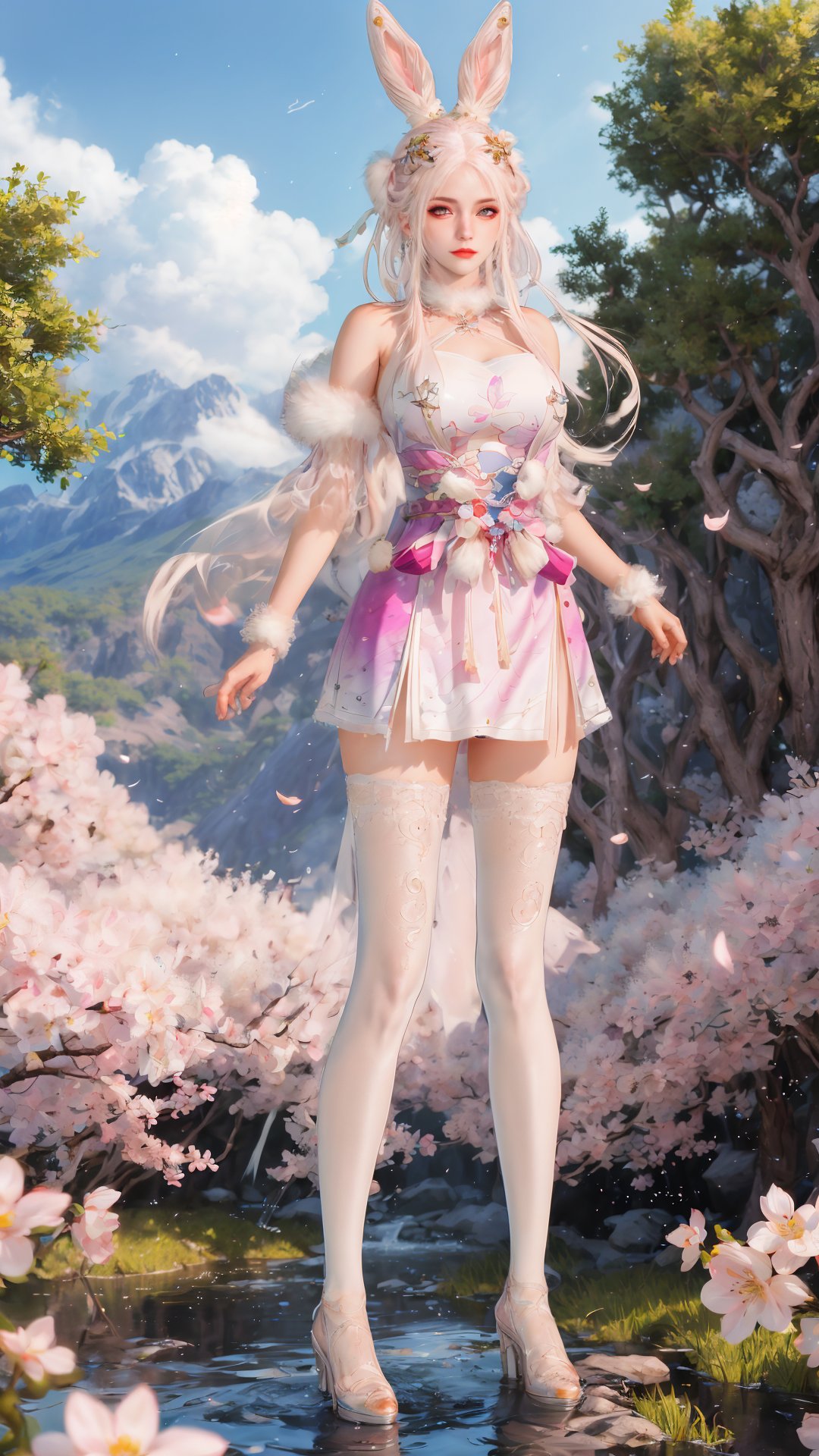 masterpiece,best quality,official art,extremely detailed CG unity 8k wallpaper,realistic,light rays,light particles,1girl,solo,1boy,medium chest,dress,white pantyhose,in a meadow,stream,mountain,cherry_blossoms,flower,outdoors,long_hair,earrings,hair_ornament,rabbit ears,pink hair,dynamic pose,looking at viewer,full body,