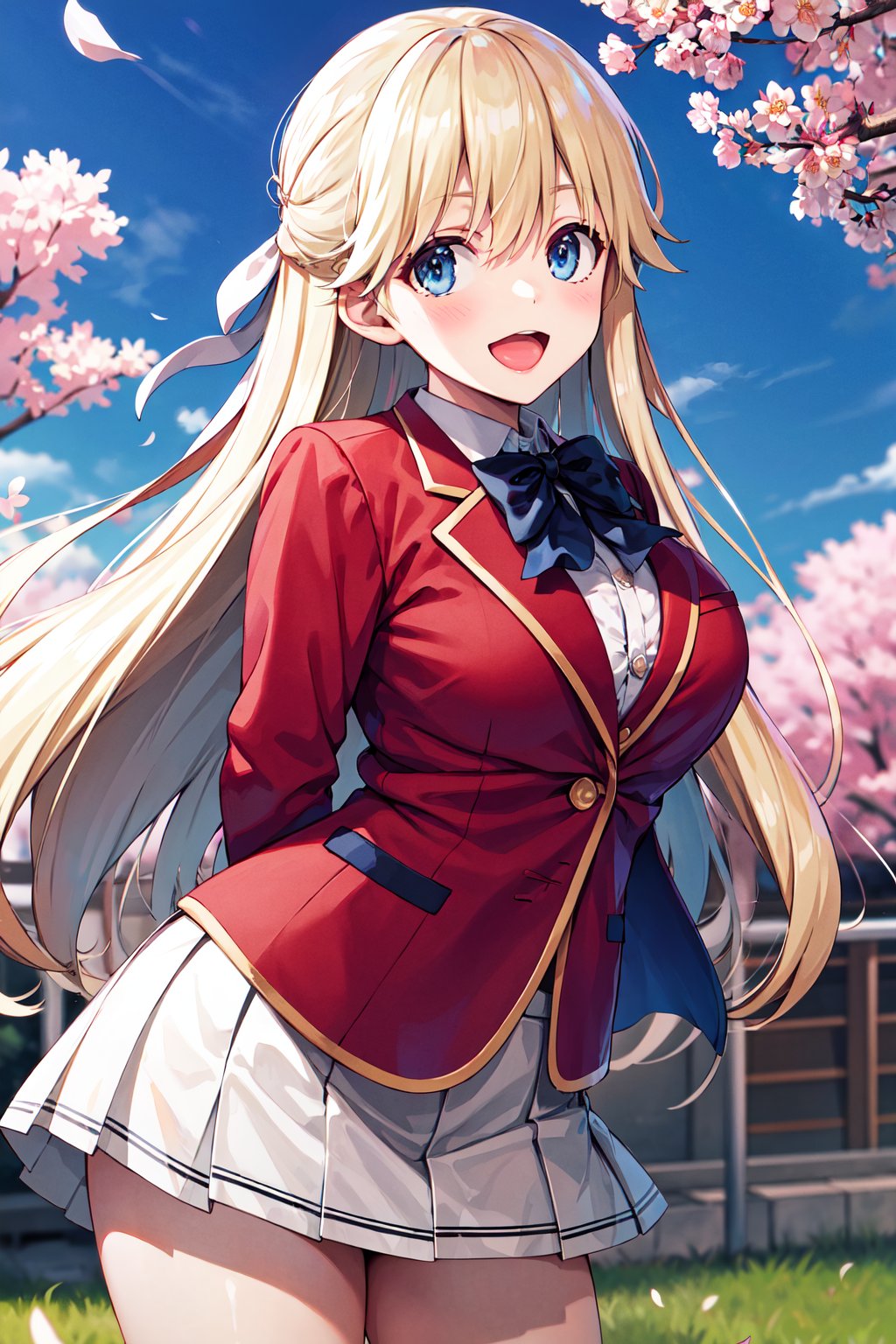 masterpiece, best quality, highres, 1girl, solo, long hair, blonde hair, hair ribbon, bangs, blue eyes, blue bowtie, collared shirt, blazer, red jacket, long sleeves, pleated skirt, white skirt, <lora:nanase_tsubasa_v1:0.7>, smile, open mouth, standing, cowboy shot, leaning forward, arms behind back, outdoors, cherry blossoms, 