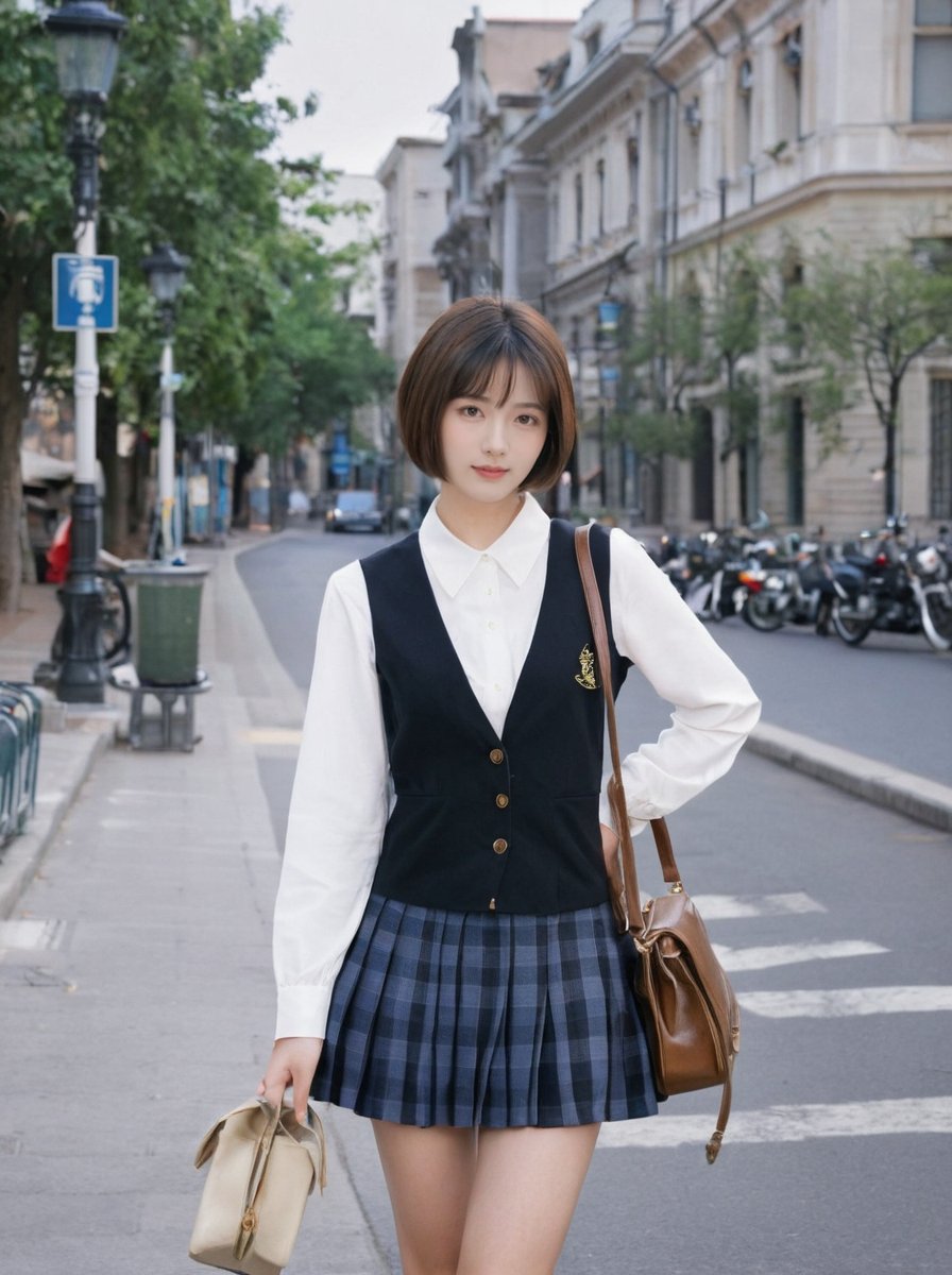 The image depicts a young woman dressed in a school uniform consisting of a white blouse, dark blue checkered skirt, and a black waistcoat with golden buttons. She stands on a sidewalk beside a street, holding a brown leather handbag in her right hand. Behind her is a street lined with buildings, and there's a car parked further down the road. She has short hair styled in a bob cut and wears black socks paired with black lace-up shoes. Her pose is confident, and she looks directly at the camera with a pleasant expression.