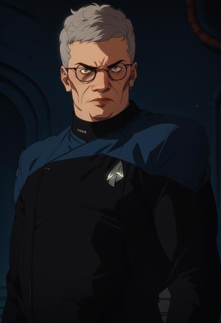 score_7_up, BYRONANDERS, 1boy, solo, grey hair, short hair, glasses,upper body,pcdst,Star trek uniform,blue,blue shoulders,black jumpsuit,<lora:PicardPony-000050> <lora:ByronAnders_PXL_Leaf1:0.8>, <lora:Kenva_Enhanced:0.8><lora:Kenva:0.8>