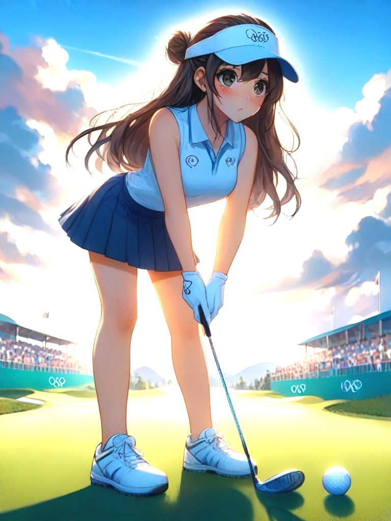 source_anime, holding golf club, playing golf, golf course, golf ball, full body, 1girl, leaning forward, olympic rings, visor cap, polo shirt, sleeveless, skirt, gloves, sneakers, shy, blush, parted lips, big tits, outdoors, sunrise, gradient sky, colorful sky, flagpole, <lora:girllikeplayinggolf_pony:1>