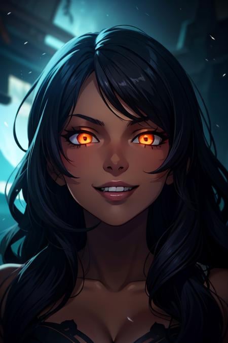 beautiful detailed portrait, dark-skinned sexy demon girl, long wavy black hair, beautiful detailed face, orange glowing eyes, devious grin, best quality, extemely detailed, cinematic, ((dark lighting, dark ambiance, middle of the night))