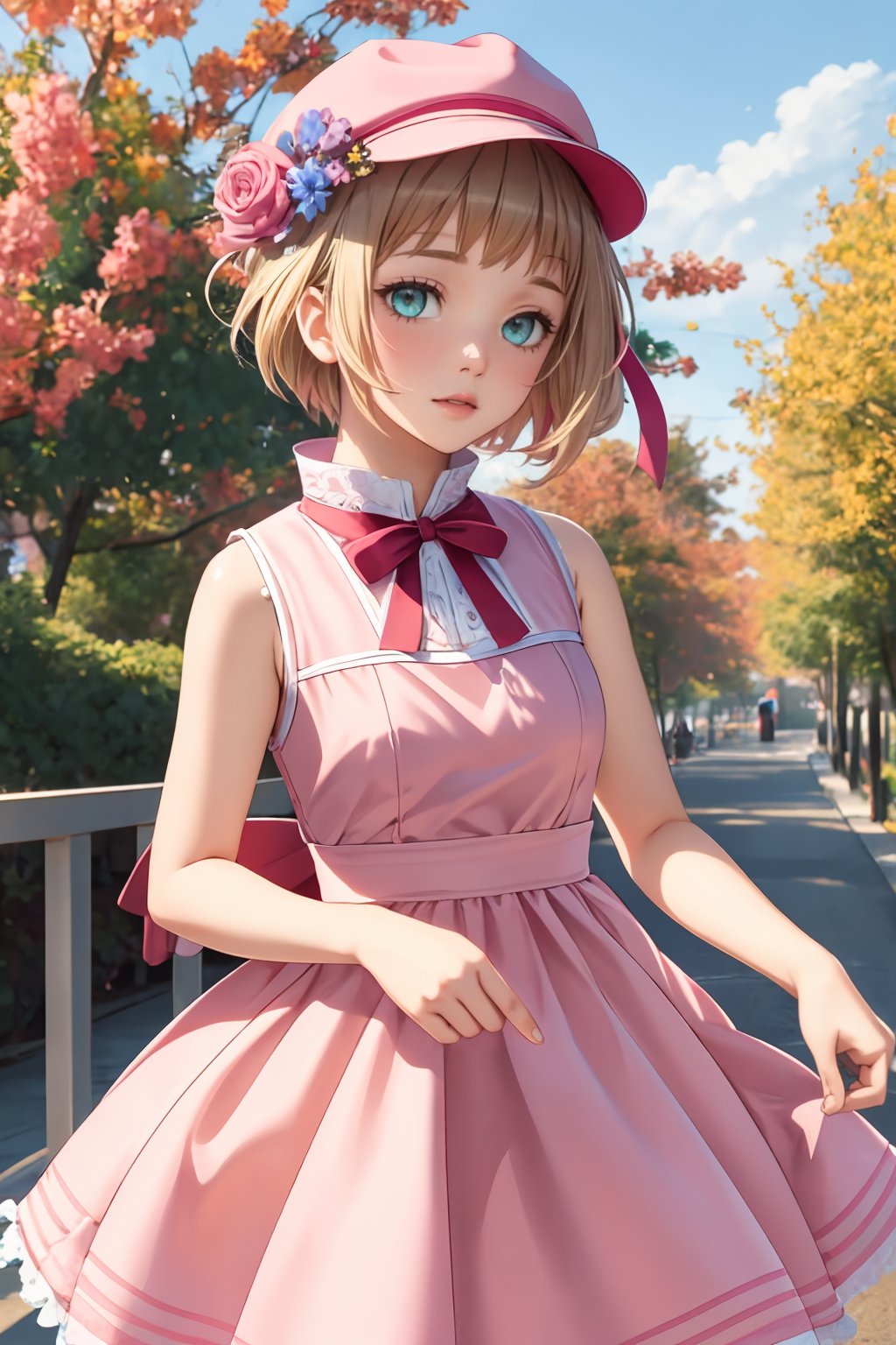 ultra detailed, sharp focus, best quality, masterpiece, colorful, <lora:NSLiechtensteinHetalia:1>  NSLiechHetalia, pink skater dress, sleeveless, cap, best quality, masterpiece, intricate details