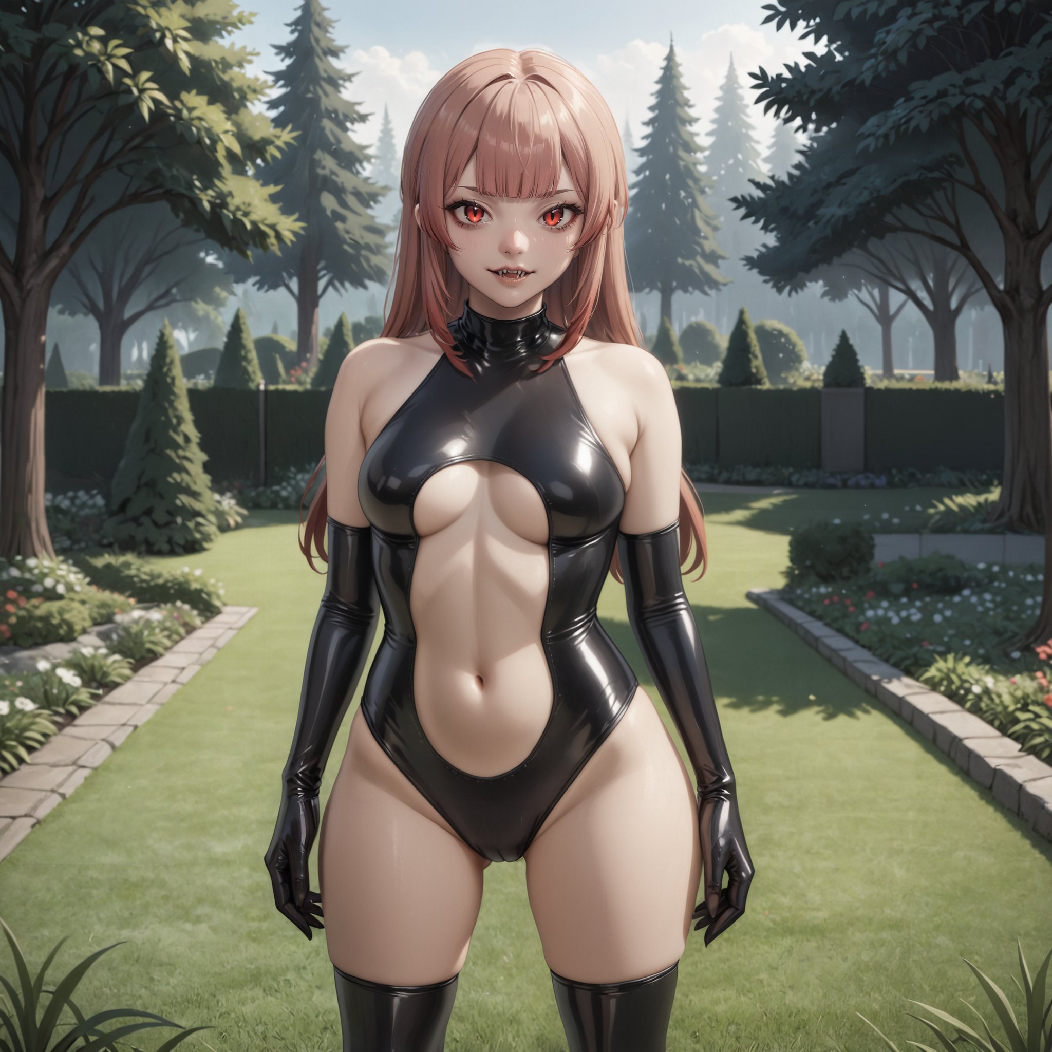 1girl, solo, masterpiece, best quality, ciara faux, vampire, fangs, naughty face, black latex princess, bare shoulders, stomach cutout, elbow gloves,cowboy shot, standing, garden, grass, tree,<lora:latex-princess-anixl-005:0.8>  <lora:ciara-animaginexl-4-000010:0.8> 