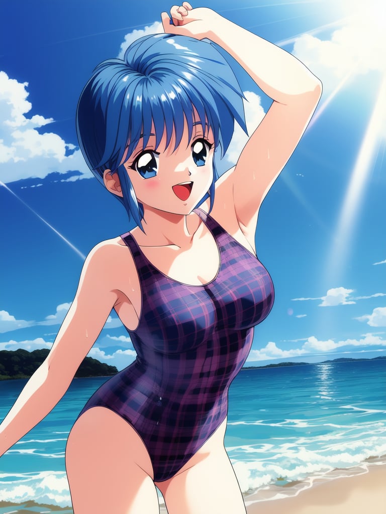 <lora:Nijino_Saki:0.8> NijinoSaki, 1girl, solo, retro artstyle, swimsuit, one-piece swimsuit, outdoors, day, wading, water, open mouth, arm up, 1990s (style), casual one-piece swimsuit, ocean, sky, cowboy shot, looking at viewer, plaid, smile, breasts, armpits, sunlight, cloud, standing, bangs,masterpiece, high quality, very_high_resolution, large_filesize, full color, 