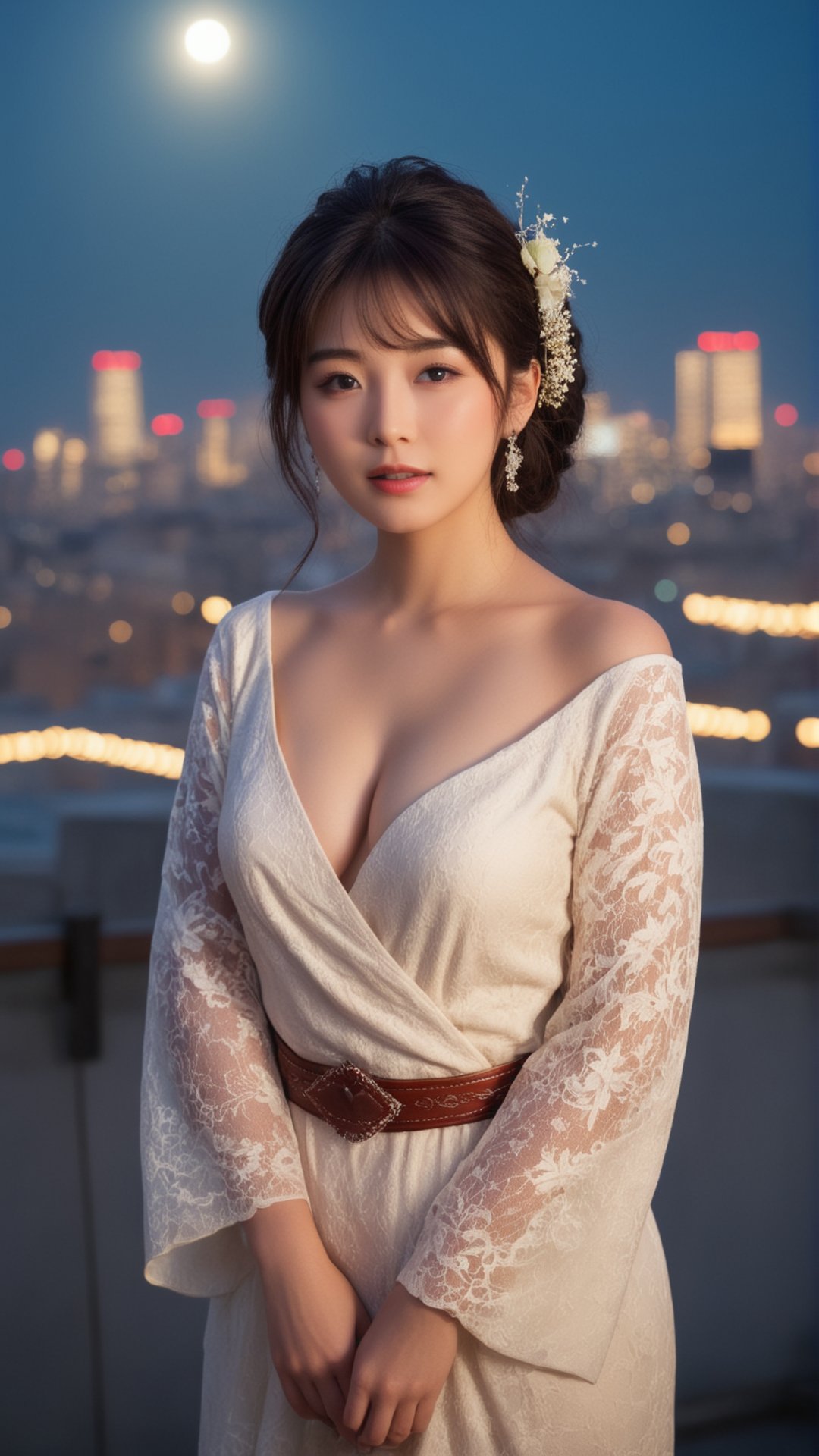 realistic photo of a Japanese woman,"A woman with a dreamy expression gazes out at the city skyline from a rooftop terrace, her outfit reflecting the sophisticated ambiance of the setting. The twinkling lights of the city below and the soft glow of the moon create a romantic atmosphere, emphasizing her beauty and elegance.", best quality,masterpiece,realistic,RAW Photo,ethereal atmosphere,vibrant colors,soft glowing lights,serene and captivating,dynamic and graceful pose,harmonious composition,original,perfect lighting,cowboy shot,lens flare,mist,Artistic,memorable masterpieces,Powerful angles,intricate details,(photo realistic:1.1),portrait,fashion model,abstract,photorealistic,ultra-accurate,((noise clear)),strong light source,effects,, [:"A woman's gentle eyes softly crinkle, her lips curving into a warm, tender smile.":0.3]