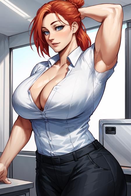 (best quality:1.2),beautiful,perfect eyes,perfect face,1girl,solo,mature woman, orange hair, tight hair bun, formal, office, collared shirt, pants, cleavage, looking at viewer, <lora:Sotchosis-000018:0.75>, <lyco:GoodHands-beta2:1.0>