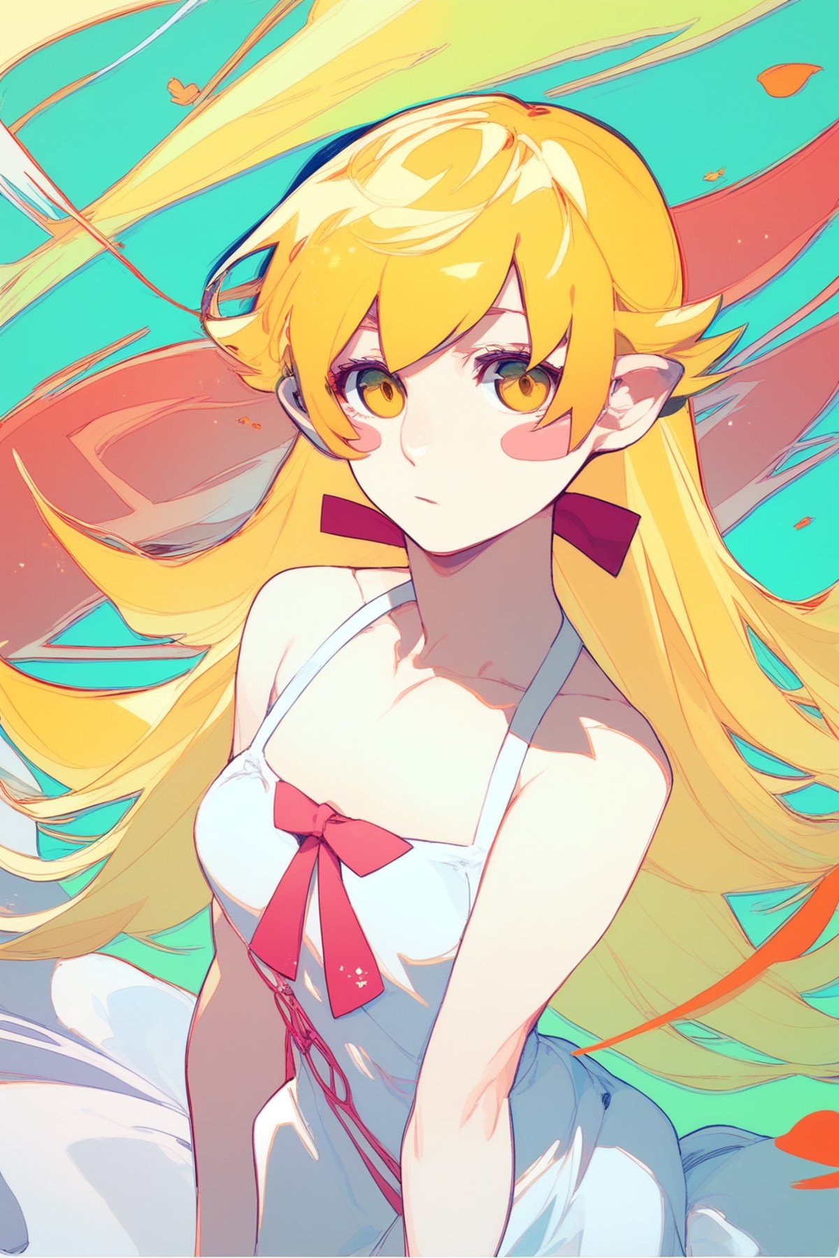 (score_9,score_8_up,score_7_up,),<lora:shinobu:0.9>,oshino shinobu,long hair,solo,blonde hair,yellow eyes,pointy ears,dress,white dress,blush stickers,bare shoulders,