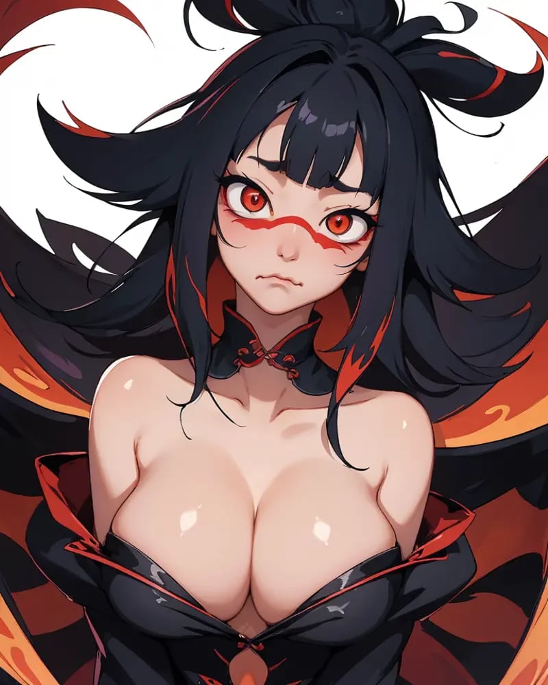 Korean creature known as (Gumiho), constricted pupils, (annoyed:1.3), 2d art, 2d render, splash art, digital art, hard shading, 1girl, female focus, (monster girl:1.0), monster girl encyclopedia, incredibly absurdres, best quality, detailed, large breasts, cleavage