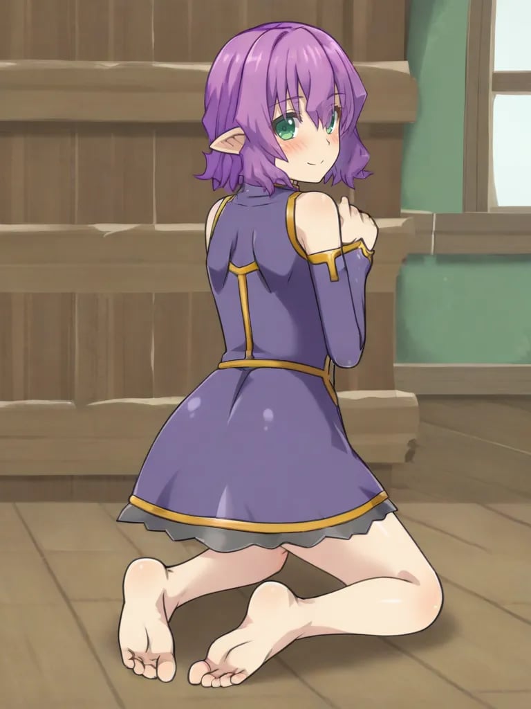 <lora:noelgmeister2pony:1>1girl, solo, noelgm2, purple hair, short hair, green eyes, pointy ears,  dress, detached sleeves, kneeling, bare legs, looking at viewer, floor, from behind, indoors, wooden house, blush, smile