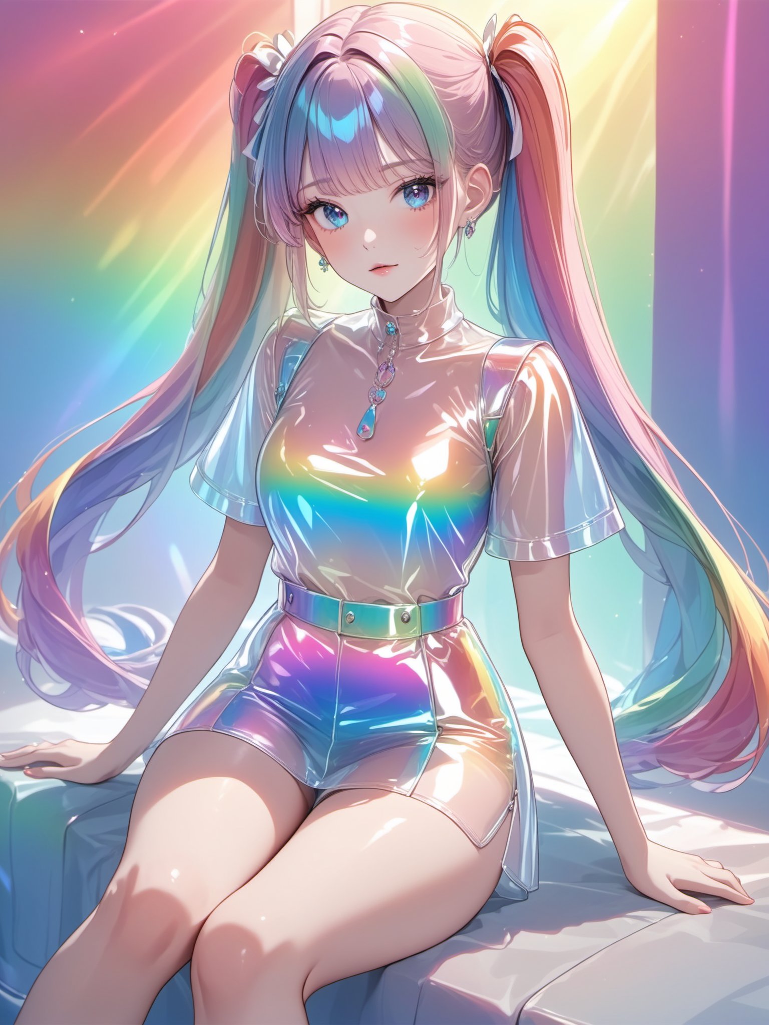 best quality,masterpiece,cute rainbow colored twintails,clear colored PVC costume,clear colored vinyl costume,prismatic,holographic,chromatic aberration,fashion illustration,masterpiece,fashion girl,watcher,8k,ultra detailed,