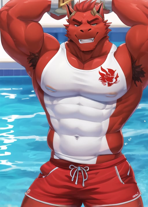 solo, bara red dragon, tank top, shorts, shirt, smirk, lifeguard, extreme detail, masterpiece, hi res, high detail, detailed eyes, detailed hands, full body picture,  swimming pool background