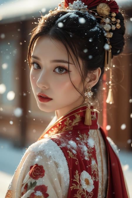 Warm Snow,1girl,solo,hair ornament,black hair,jewelry,earrings,looking at viewer,blurry,snow,snowing,red lips,chinese clothes,looking back,upper body,flower,blurry background,makeup,black eyes,lipstick,hair stick,realistic,floral print,lips,closed mouth,best quality,masterpiece,illustration,an extremely delicate and beautiful,CG,unity,8k wallpaper,Amazing,finely detail,masterpiece,official art,extremely detailed CG unity 8k wallpaper,incredibly absurdres,huge filesize,ultra-detailed,highres,extremely detailed,beautiful detailed girl,realistic,<lora:Warm Snow:0.8>,