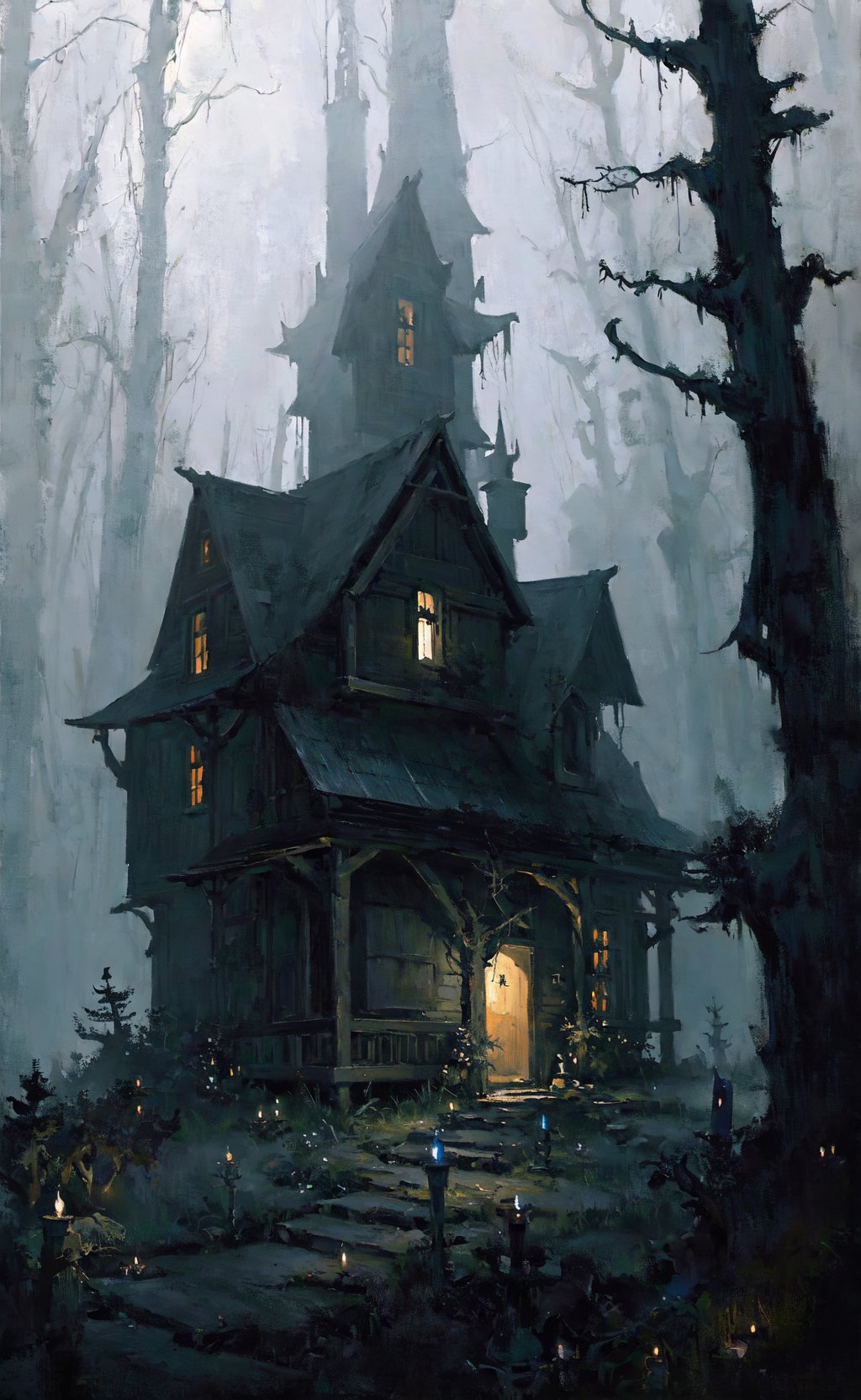 masterpiece, best quality, beautiful oil painting illustration, eerie witch cottage deep in a magical forest, dark, moody, mysterious