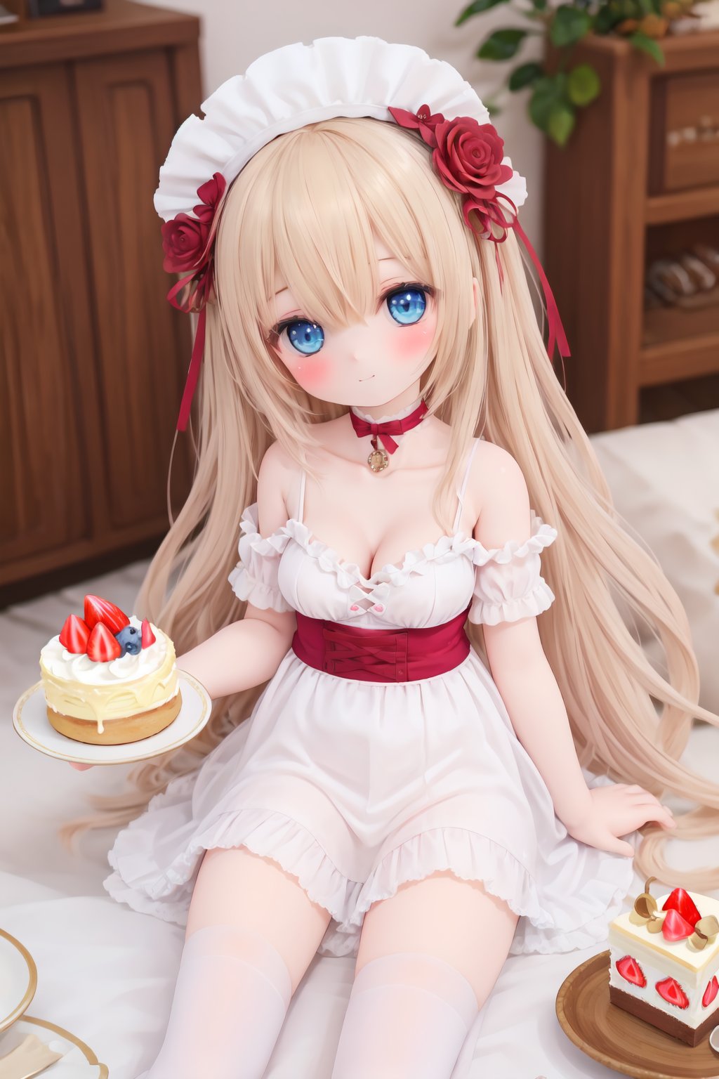 1girl, solo, food, blonde hair, thighhighs, breasts, long hair, white thighhighs, fork, petals, flower, cleavage, cake, dress, rose, pink bow, white dress, holding, bangs, strawberry, bare shoulders, bow, puffy sleeves, blush, puffy short sleeves, plate, very long hair, short sleeves, medium breasts, hair bow, no shoes, looking at viewer, frills, detached sleeves, indoors, white sleeves, closed mouth, holding fork, collarbone, frilled dress, blue eyes, cake slice, fruit, sitting, pink ribbon, red flower, hair between eyes, eating, see-through, blurry, red rose, depth of field, full body, sleeveless dress,<lora:doll-v1:0.5>,