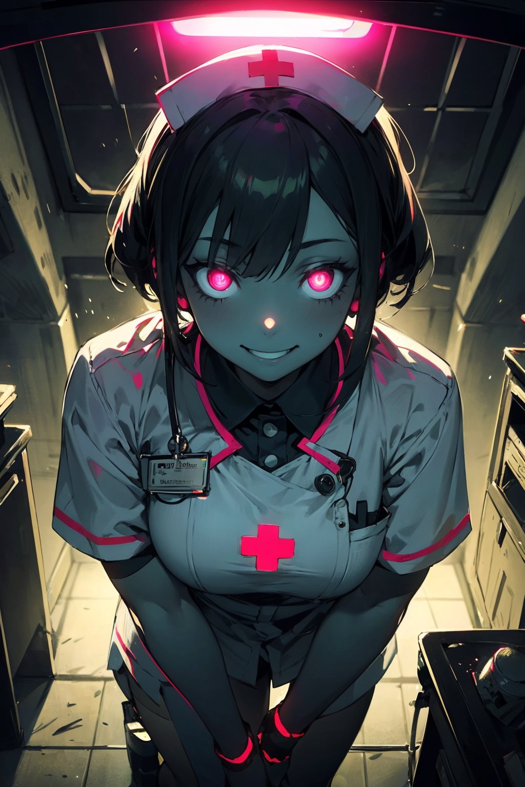 masterpiece,best quality,ultra high res,1girl,(glowing_eyes:1.2),evil_smile,A kind-hearted nurse who brings comfort and support to patients during difficult times.,Medium green theme,Asymmetry,<lora:复仇之眼-v2:0.3>,Overhead,horror film,