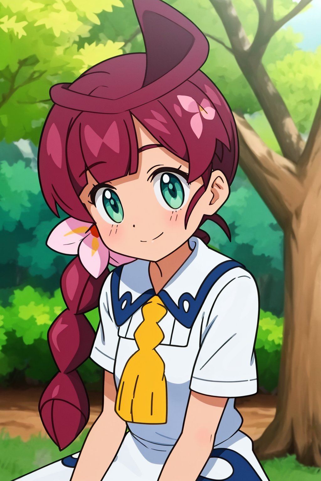 pkmnchloe, 1girl, solo, green eyes, purple hair, long hair, bangs, single braid, braided ponytail, hair ornament, hair flower, pink flower,school uniform, white dress, collared dress, short sleeves, neck tassel,smile,closed mouth,cowboy shot,sitting,forest,outdoor,(insanely detailed, beautiful detailed face, masterpiece, best quality) cinematic lighting,<lora:PKMN_Chloe_v3:1>, <lora:more_details:0.3>,