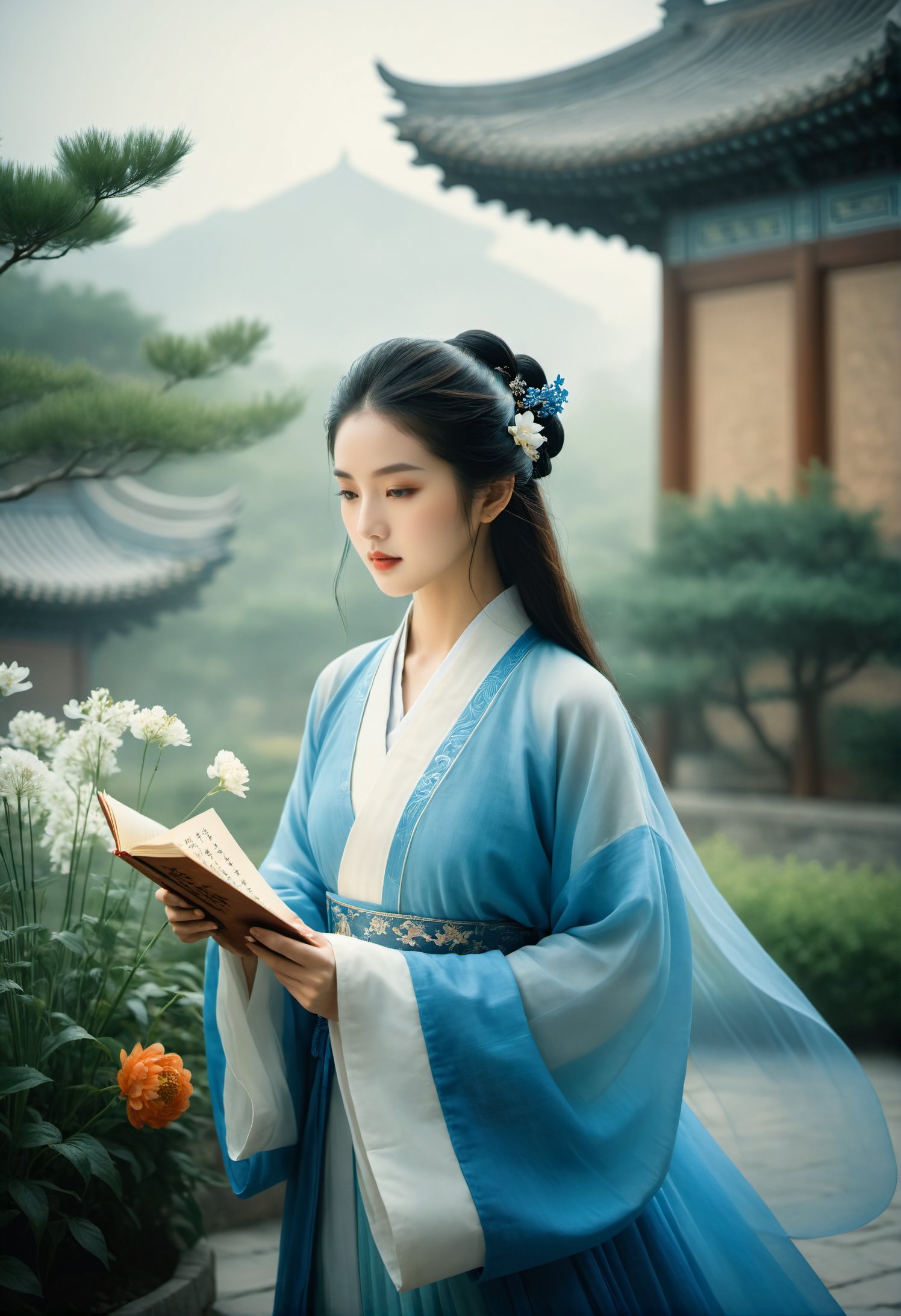 (blue:1.3)In the courtyard of ancient Chinese architecture, holding a paper,(She engages in poetry exchanges in a study or a garden, with settings like a study, garden, calligraphy, painting, flowers, and birds.)She is a female poet, dressed in traditional scholar's garments, predominantly in blue, symbolizing her elegance and literary talent.She has a playful nose and lively eyebrows, allowing makeup to emphasize these features, with blue as the primary color, symbolizing her elegance and literary talent.Her style is elegant and literary, so her artistic style can be simple, refined, with a fresh and light blue color palette.(1girl:1.3), adult, Guofeng, Hanfu, mist, looking at viewer,long hair blown by the wind,  dusk, masterpiece,analog film photo ethereal fantasy concept art of masterpiece, dynamic perspective, intricate details, wide angle, motion blur.  long hair.