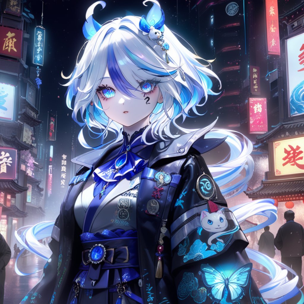 A girl with blue hair standing in a night scene,in the style of techpunk,cyberpunk,subtle use of light and shadow,nightcore,photo-realistic techniques,charming anime characters,detailed ink illustrations,cloisonnism,japanese-inspired art,neon-lit urban,shilin huang,intense close-ups,cobra,furina,