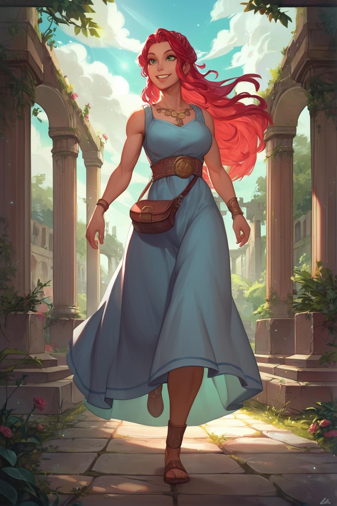 (zPDXL), 1girl, red hair, walking in a park, smiling, wearing a long teal decorative dress, morning sunlight, stone ruins, archway, cloudy sky