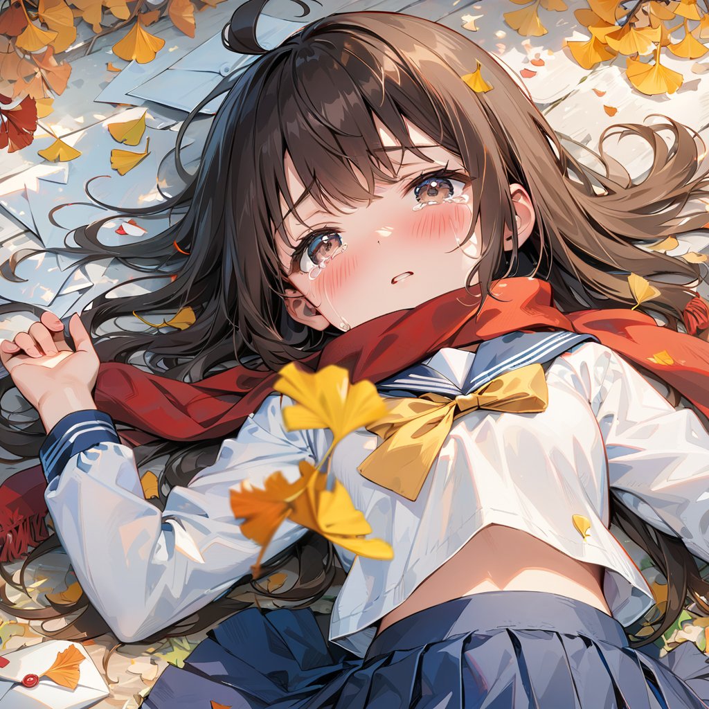 (masterpiece),(best quality),illustration,ultra detailed,hdr,Depth of field,(colorful),1girl,solo,school uniform,skirt,scarf,lying,serafuku,on back,long sleeves,autumn,blue skirt,looking at viewer,sailor collar,bow,brown eyes,long hair,tears,autumn leaves,bangs,blue sailor collar,shirt,parted lips,pleated skirt,white shirt,envelope,ahoge,blurry,red scarf,black hair,crying,leaf,letter,crying with eyes open,yellow bow,outdoors,brown hair,bowtie,ginkgo leaf,from above,tearing up,blush,