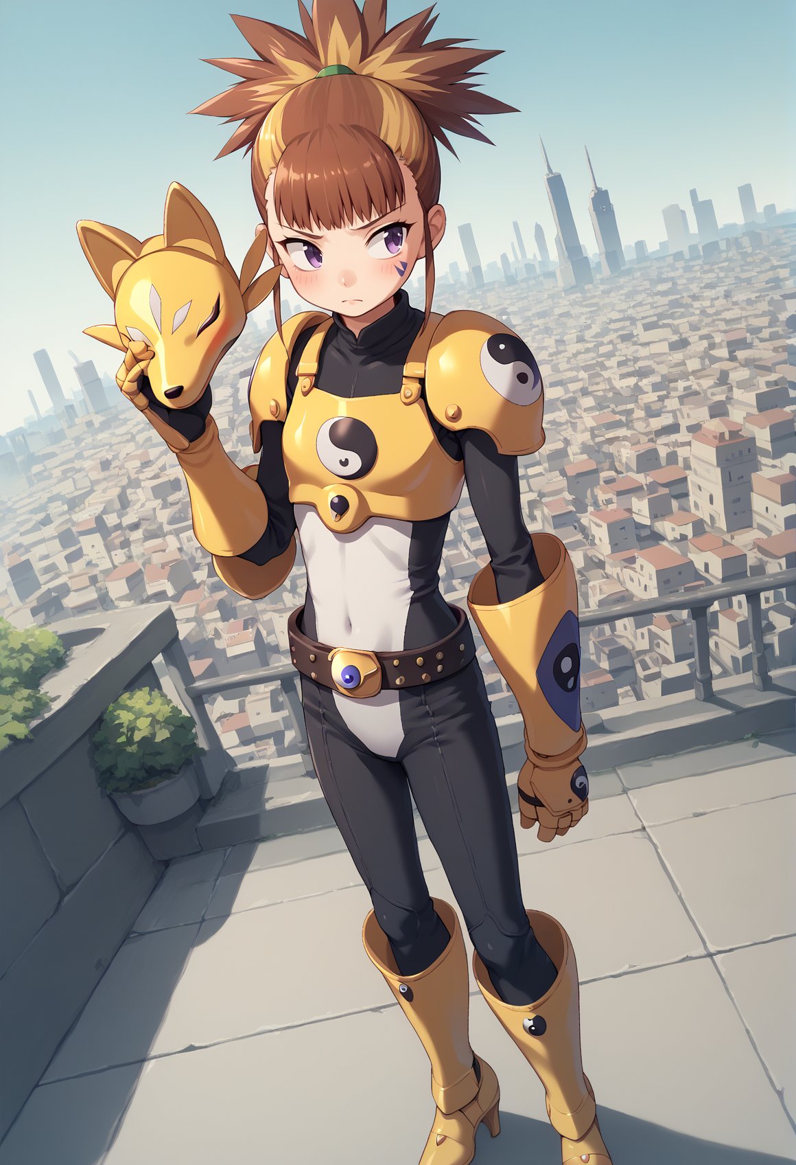 1girl, solo, rika, Two-Tone Hair, multicolored hair, short hair, blonde hair, brown hair, purple eyes, ponytail, sakuyamon, facial mark, holding mask, armor, belt, bodysuit, gauntlets, golden armor, high heels, yin yang, blushing, looking to the side, flat chest, outdoors, cityscape, looking at viewer, dutch angle, cowboy shot <lora:digimon-sakura-ponyxl-lora-nochekaiser:0.8> <lora:RukiJuri:1>