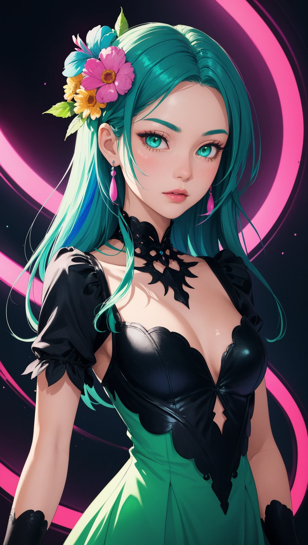 masterpiece,centered,a drawing of a girl with flowers in her hair,featured on pixiv,gothic art,neon blacklight color scheme,multicolored art,shiny colors,blue image,antialiased,living flora,colorful! character design,upper body,medium breasts,((wearing beautiful dress)),green eyes,multicolored hair,