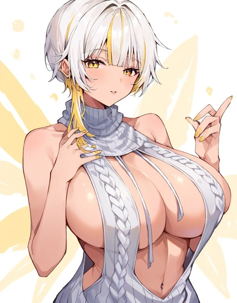 score_9, score_8_up,  <lora:Parkdona_VT__Pony:1> parkdona, white hair, multicolored hair, blonde hair, yellow eyes, yellow nails, <lora:virgin_killer_sweater:1> (virgin killer sweater:1.2), large breasts, aran sweater, sleeveless turtleneck,