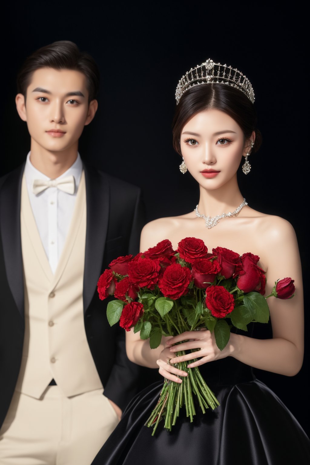 couple, portrait, formal attire, woman in black dress, man in black suit, black background, studio lighting, elegance, sophistication, tiara, necklace, bouquet, roses, pose, Asian ethnicity, side-by-side, looking at camera, serene expression, makeup, clear skin, young adults, fashion, beauty, styled hair, romance, partnership, unity, engagement photo., masterpiece,best quality,ultra-detailed,