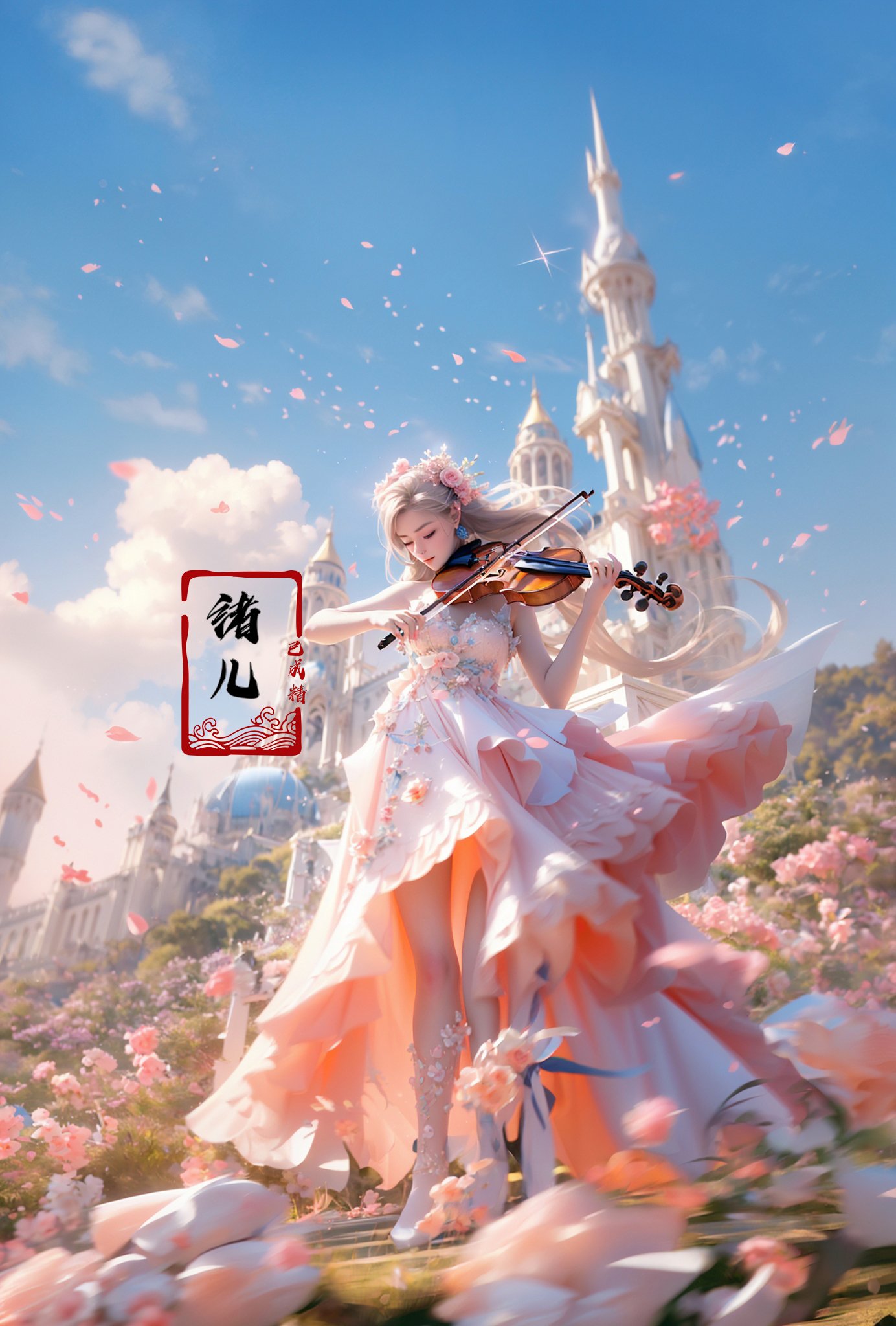 (A girl in a dress is in the air:1.3), playing a violin, (wide shot, wide-angle lens,Panoramic:1.2),super vista, super wide Angle，Low Angle shooting, super wide lens, Castle background，violin，bare shoulders，petals，pink dress，from below，blurry foreground， (full body:1.5),(long legs:1.3), <lora:绪儿-小提琴 violin:0.8> 