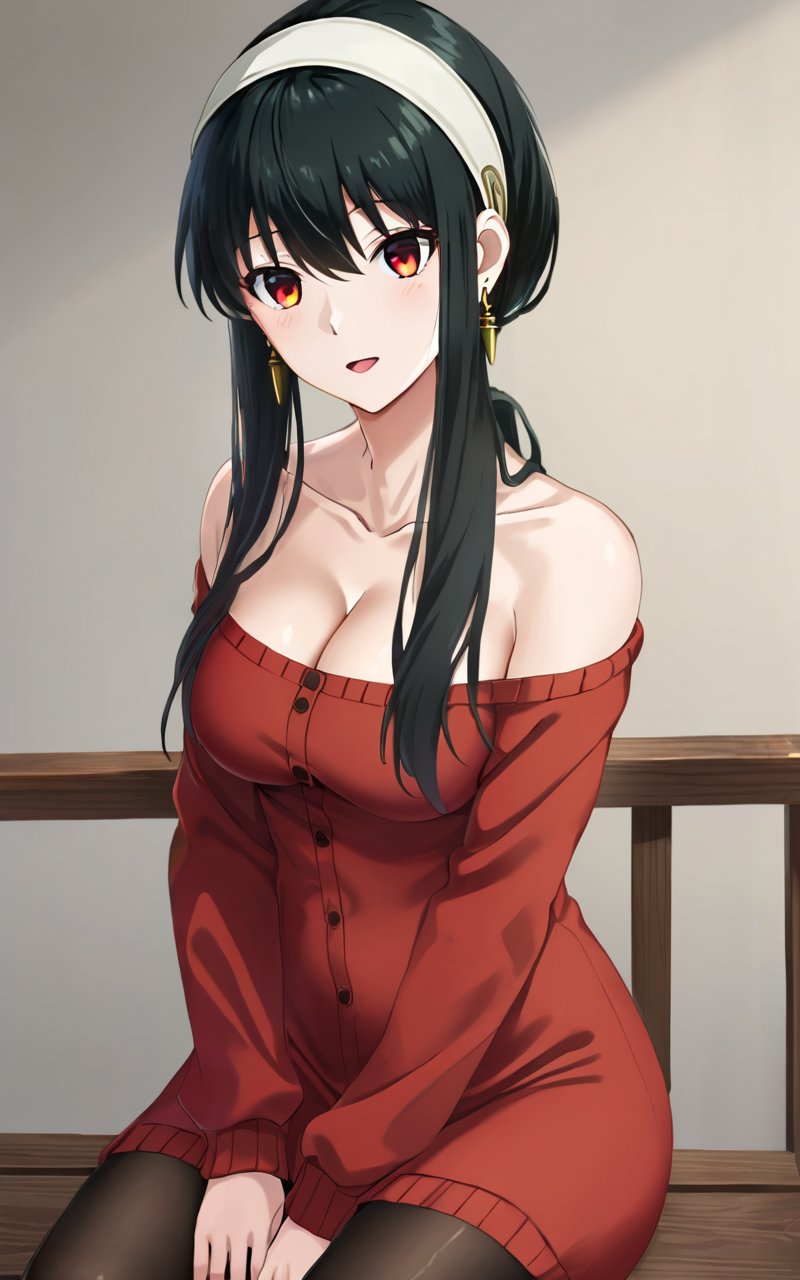 1girl, <lora:sdxl-sf-yor_briar:0.9>, yor briar, yor forgfer, long hair , long length red sweater_dress, off shoulder, long sleeves collarbone cleavage, dining room, black pantyhose, white hairband , black hair sideburns, (slanted eyes) red eyes, medium breasts, shiny hair, bangs, gold earrings, long locks, hair between eyes, skindentation wavy mouth , on back, Sitting, On wooden railing , fullbody, looking at viewer, contrapposto, dynamic pose, cinematic lighting, extremely quality extremely detailed, illustration, cute anime face