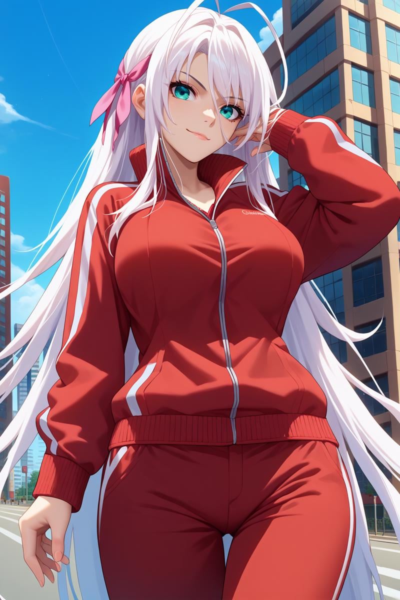 score_9, score_8_up, score_7_up, score_6_up, source_anime, 1girl, solo <lora:rossweisse-pdxl-nvwls-v1-000005:1> dxdRos, white hair, antenna hair, very long hair, cyan eyes, hair ribbon, red track jacket, track pants, red pants, looking at you, large breasts, city, blue sky, crossed eyes, smirk